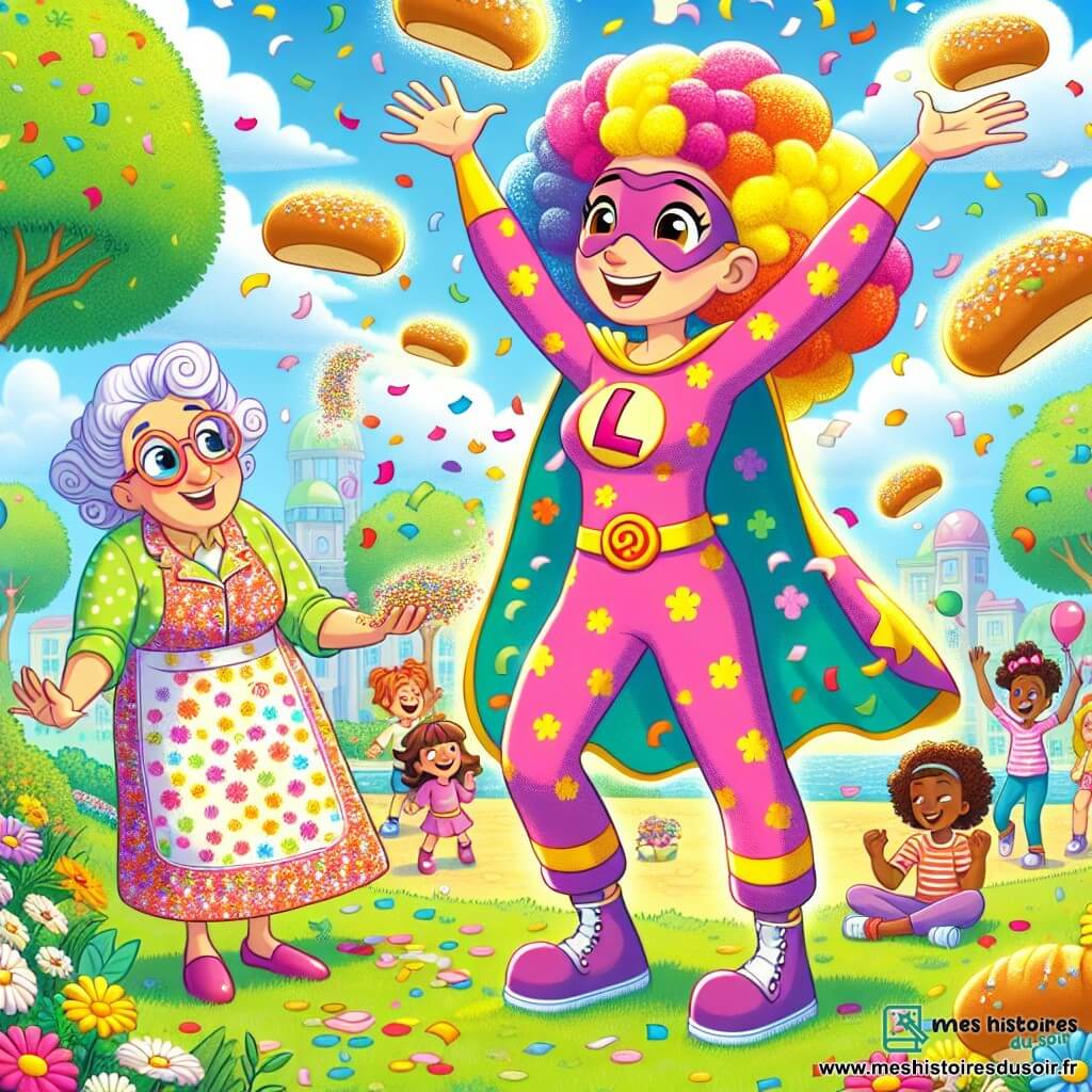 Lila, une jeune femme souriante aux cheveux bouclés et colorés, porte un costume de super-héroïne en pyjama coloré avec un grand "L" sur la poitrine. Elle éternue, provoquant une pluie de confettis multicolores qui illuminent son visage de joie. À ses côtés, Madame Pompom, une femme d'une cinquantaine d'années avec des lunettes rondes et un tablier à fleurs, admire les petits pains chauds qui tombent grâce aux confettis, les bras ouverts. En arrière-plan, un groupe d'enfants de 6 à 10 ans rit et danse en essayant d'attraper les confettis et les ballons flottants, leurs visages rayonnants de bonheur. La scène se déroule dans un parc ensoleillé de Rigolopolis, avec des arbres verdoyants et un ciel bleu parsemé de nuages. Lila, la super-héroïne des confettis, utilise son pouvoir comique pour apporter joie et rires aux habitants, transformant un moment ordinaire en fête éclatante.