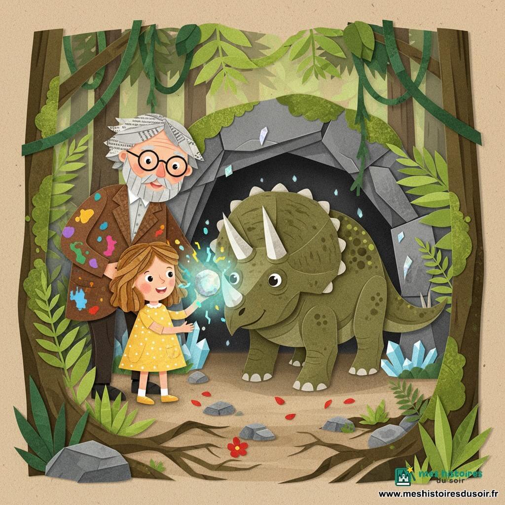 Émilie, 6 ans, souriante, cheveux bouclés châtain clair, en robe jaune à pois blancs, tend une pierre ronde lumineuse bleu-vert vers un triceratops massif brun-vert aux trois cornes blanches qui garde l’entrée d’une grotte; son grand-père d’environ 70 ans, cheveux gris ébouriffés et lunettes rondes, la touche doucement à l’épaule, regard protecteur; autour, forêt préhistorique dense avec fougères géantes, troncs moussus, lianes et cristaux, sol de pierres plates, racines et pétales rouges, lumière douce de la pierre éclairant les visages; scène de négociation pacifique, atmosphère douce, couleurs chaudes et contrastes clairs, style collage papier aux bords découpés, textures superposées et formes simples adaptées aux enfants.