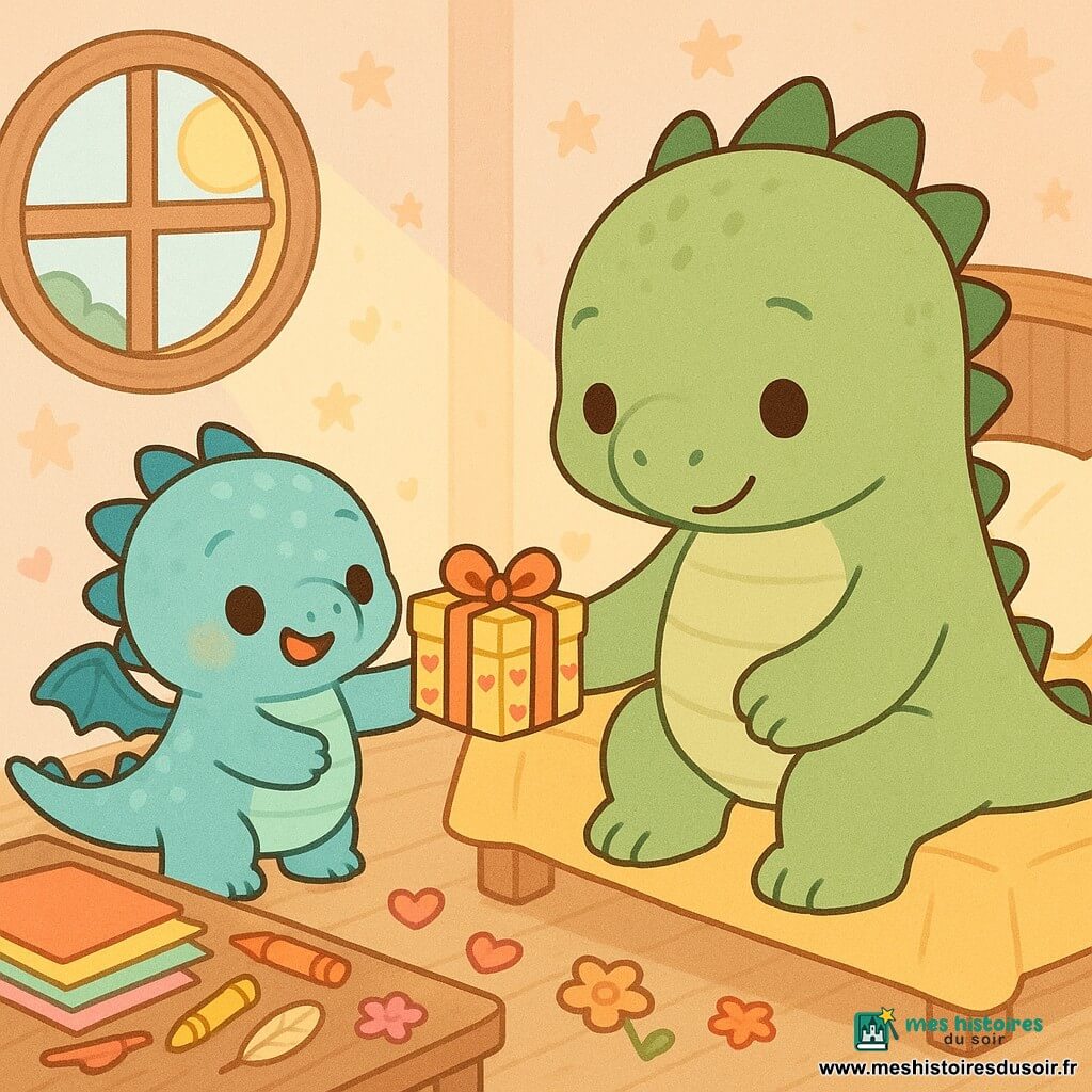 Petit petit dragon bleu rond aux écailles claires souriant tient une boîte cadeau colorée ornée de cœurs et souffle pour sécher la peinture; Papa Dragon, grand et doux aux écailles vert mat, assis sur le lit à droite, reçoit la boîte avec émotion et ouvre la main pour prendre un coupon-câlin; sur la table à gauche, feuilles colorées, crayons, plumes et une petite écharpe tricotée, cœurs et fleur en papier éparpillés; chambre chaleureuse avec couette jaune, fenêtre ronde laissant passer un rayon doré, murs pastel étoilés et sol en bois clair; moment tendre et festif, ambiance calme et joyeuse, couleurs douces et contrastes vifs, composition centrée sur l’échange.