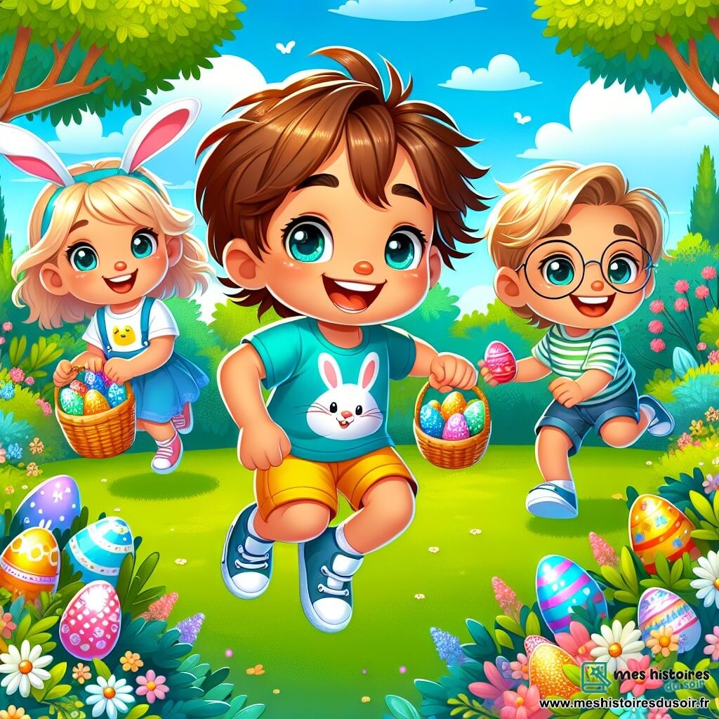 Un garçon de 6 ans, Maxime, aux cheveux châtains et yeux pétillants, saute de bonheur dans un jardin verdoyant. Il porte un t-shirt bleu avec un motif de lapin et un short jaune, tenant un panier d'œufs colorés. À côté, Clara, une fille de 6 ans aux cheveux blonds tressés, cherche un œuf derrière un buisson fleuri. Lucas, un garçon aux cheveux bruns et lunettes rondes, ramasse un œuf bleu sous un arbre. Le jardin est rempli de fleurs colorées, d'arbres majestueux et d'une pelouse verte, sous un ciel bleu avec des nuages. La scène montre Maxime et ses amis en pleine chasse aux œufs de Pâques, riant et s'amusant, entourés d'œufs en chocolat et de surprises, dans une ambiance festive.