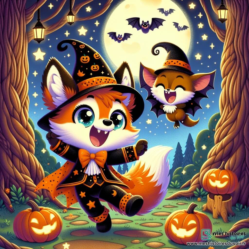 Renardo, un petit renard orange aux yeux pétillants et à la queue touffue, porte un costume magique orange et noir orné de citrouilles et de chauves-souris. Il sourit avec excitation en dansant dans une clairière illuminée par la lune. À ses côtés, Batou, une petite chauve-souris aux ailes brillantes, vole en zigzag, riant avec enthousiasme. La scène se déroule dans une forêt enchantée avec des arbres noueux, des citrouilles souriantes et des fantômes amicaux, créant une ambiance festive. Renardo et Batou participent à une fête d'Halloween entourés d'animaux dansants sous un ciel étoilé.