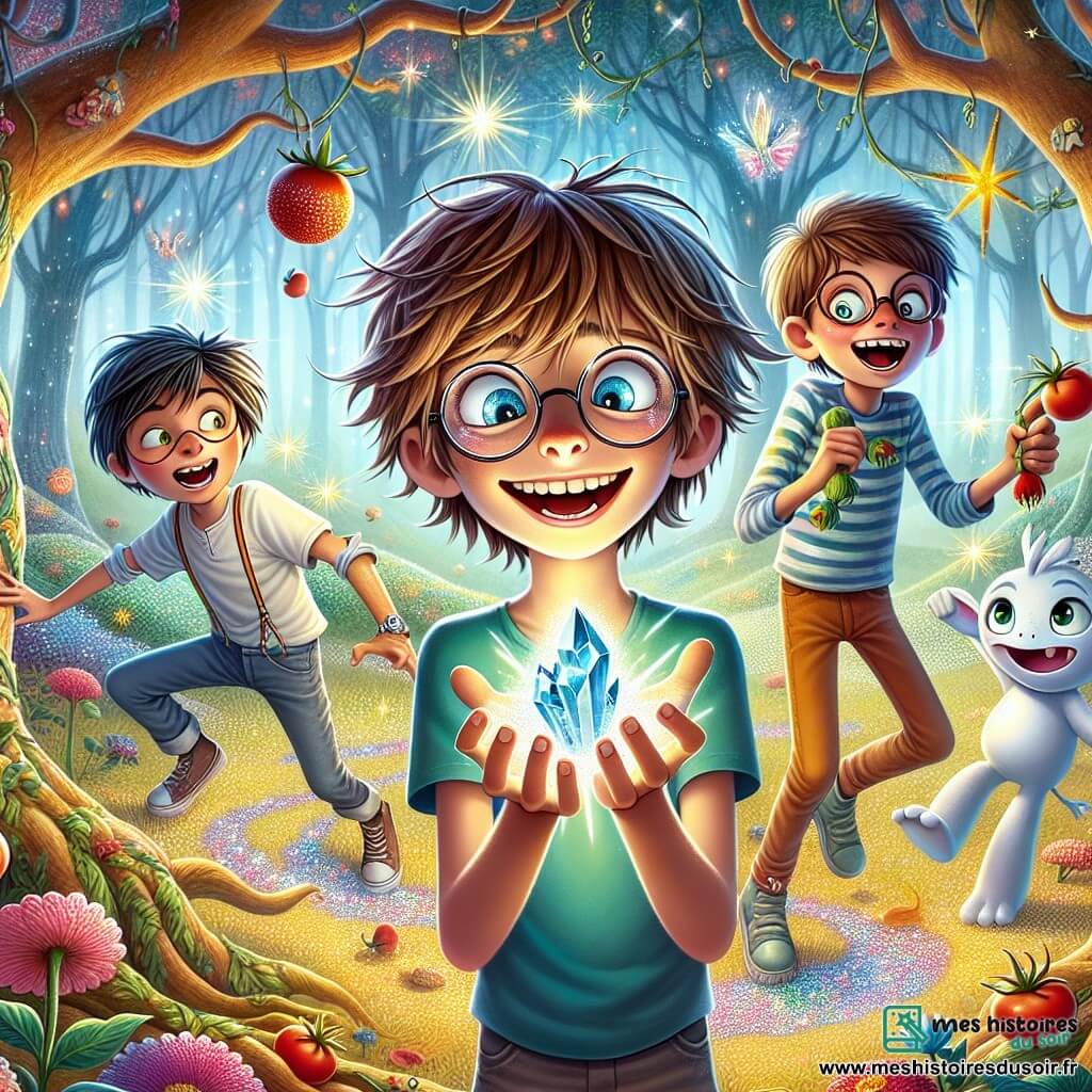 Au centre de l'image, Maxime, un garçon de onze ans avec des cheveux en bataille et des lunettes, tient un cristal brillant, émerveillé. À sa droite, Hugo, souriant, jongle avec des tomates farcies. À gauche, Léo, avec des lunettes de protection et une béquille colorée, se prépare à faire une pirouette. En arrière-plan, Bloublou, un petit être bleu, flotte avec un sourire espiègle. Le décor est une forêt enchantée avec des arbres torsadés et des feuilles multicolores. Les quatre amis rient et courent après un cristal dansant, sous le regard amusé d'un grand chêne, créant une atmosphère joyeuse et pleine d'aventure.