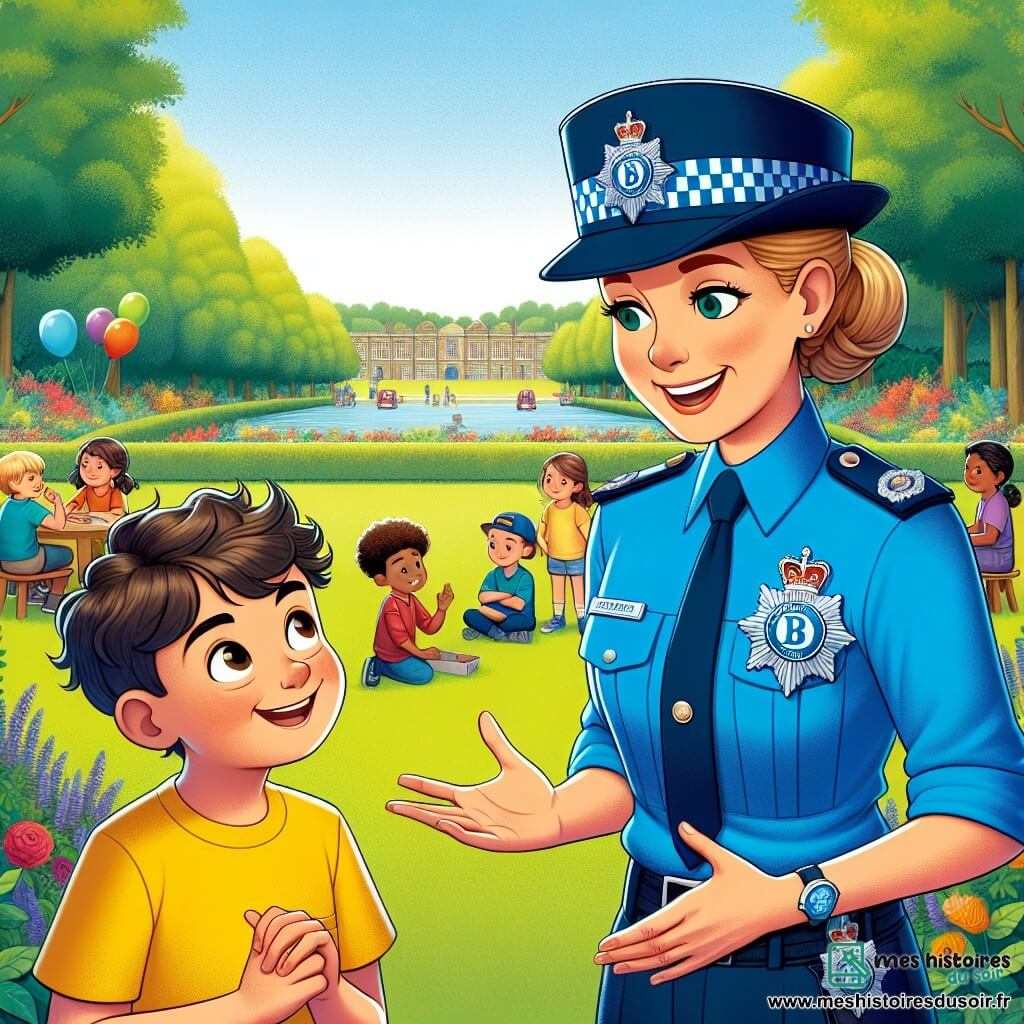 Au centre de l'image, Marianne, une policière d'une trentaine d'années, sourit largement en portant un uniforme bleu vif avec un insigne. Elle parle à un groupe d'enfants, les bras ouverts. À sa droite, Lucas, un garçon de 8 ans avec des cheveux bruns et des lunettes rondes, l'écoute avec admiration, tenant un petit casque de policier. En arrière-plan, un parc verdoyant avec des arbres, des fleurs et des ballons est visible, où des tables sont installées avec des jeux éducatifs sur la sécurité et d'autres enfants jouent. La scène illustre Marianne expliquant l'importance de la sécurité dans une ambiance joyeuse.