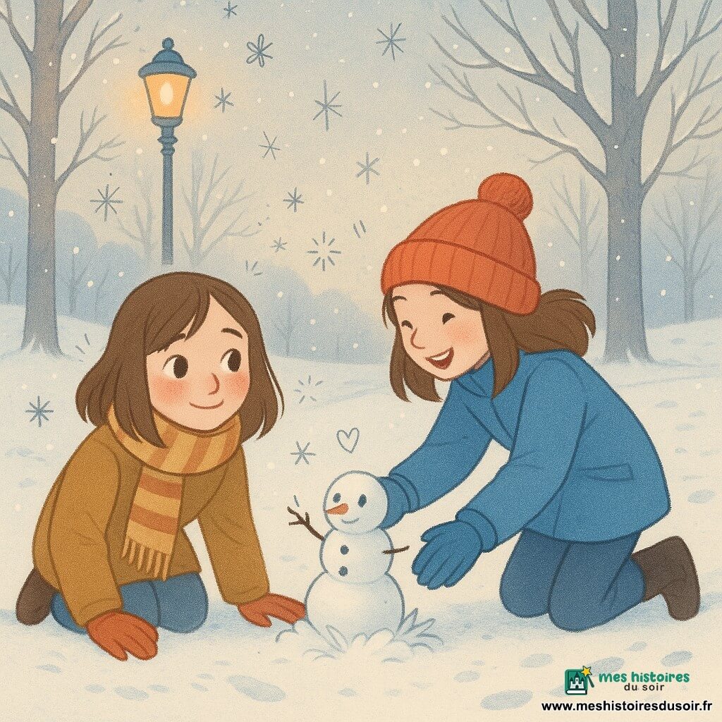 Deux filles de 12 ans dans un parc en fin d’après‑midi sous une neige fine : l’une réservée et curieuse, visage rosé, écharpe rayée, se relève doucement après une petite chute en souriant timidement; l’autre, Sara, vive et enjouée en bonnet rouge et manteau bleu, façonne un petit bonhomme de neige artisanal (trois boules irrégulières, boutons noirs, brindille en nez) posé sur une touffe de neige entre elles; lampadaires orangés, arbres poudrés et traces de pas, ambiance calme et douce aux tons froids rehaussés d’accents chauds; léger overlay de doodles — flocons stylisés, étoiles, lignes de mouvement et un petit cœur près du bonhomme.