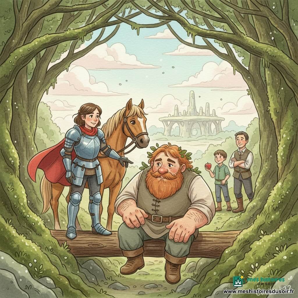 La chevaleresse Liora, une fille au visage déterminé et chaleureux, porte une armure un peu trop grande aux reflets bleus et une cape au vent; elle tient la bride de son cheval et montre doucement le chemin du doigt. Grommelin, un géant aux traits doux et barbe rousse mêlée de feuilles, s’assoit prudemment sur un tronc pour glisser à travers le ravin, les mains larges posées sur ses genoux et les yeux attendris. Brindille, la jument alezane, se tient proche, naseaux frémissants et oreilles en avant, prête à partir. Un garçon du village d’une dizaine d’années, petit et admiratif, tient une pomme rouge en arrière-plan sur le sentier, le bailli (40–50 ans) en costume simple, bras croisés et sourire timide, se tient à côté de lui. Le lieu est un ravin étroit du Bois des Roncebrunes, branches vernies de mousse, un tronc servant de passerelle et, au loin, un plateau de pierres claires sous un ciel pastel à nuages bas. La scène dégage une atmosphère tendre et calme : Liora guide le géant en le faisant glisser lentement sur le tronc, textures humides, lumière douce et entraide.