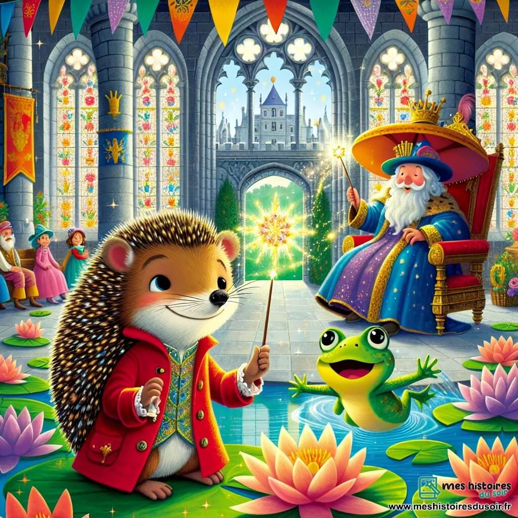 Gustave, un hérisson aux piquants brillants, porte un manteau rouge et sourit, tenant une baguette magique scintillante. À ses côtés, Mélusine, une grenouille au grand chapeau, bondit sur un nénuphar avec son parapluie ouvert. Le décor est un château majestueux avec des tours en pierre, des drapeaux flottants et des jardins fleuris. Dans la grande salle du trône, ornée de tapisseries dorées et de chandeliers, Gustave essaie de réveiller le roi Renardo endormi, tandis qu'une lumière magique commence à émaner de sa baguette, créant une atmosphère de mystère.