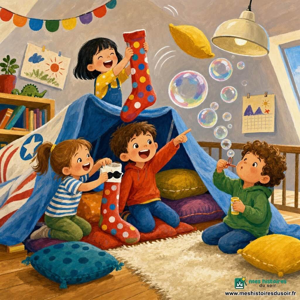 Quatre enfants de 5 ans dans une mezzanine cosy transformée en cabane-avion : Jules, châtain court, grand sourire, agenouillé au centre, montre la chaussette-drapeau ; Léa, queue-de-cheval, t-shirt rayé, à gauche, colle en riant un petit dessin de moustache sur la chaussette ; Malo, cheveux bouclés, à droite, souffle de grandes bulles irisées ; Sora, cheveux noirs au carré, debout derrière Jules sur une pile de coussins, tient la chaussette à pois comme un trophée ; décor : plancher bois clair, tapis et coussins, couverture formant la cabane, guirlandes de papier, petite lampe crème suspendue, étagère basse et calendrier couvert de dessins ; ambiance joyeuse et chaleureuse, oreiller en vol comique vers la lampe, bulles translucides scintillantes, couleurs gouache vives et coups de pinceau visibles.