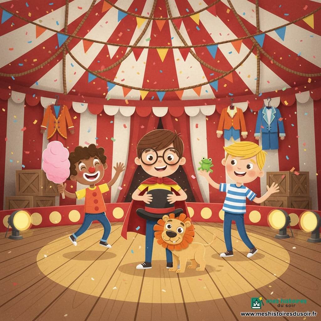 Trois garçons de 8 ans : Jules, cheveux bruns courts et lunettes rondes, cape rouge, tenant un grand chapeau melon au centre ; Malik, peau mate, cheveux bouclés, nez de clown rouge, riant et sautillant à gauche avec une barbe à papa rose ; Théo, cheveux blonds, t-shirt rayé bleu et blanc, tenant une petite grenouille en plastique à droite en regardant le chien. Un petit chien beige déguisé en lion, avec une crinière en tissu orange et une expression malicieuse, tient le chapeau melon dans sa bouche devant Jules. Dans l'intérieur d'un grand chapiteau rayé rouge et blanc au plafond haut, cordes et guirlandes de fanions, sol en planches, projecteurs jaunes dessinant des cercles de lumière, costumes et caisses en arrière-plan. Scène joyeuse et dynamique : les garçons ont retrouvé le chapeau de Monsieur Loyal, rires, confettis et paillettes, composition centrée, couleurs vives et contrastées, formes nettes, textures et contours rappelant du papier découpé, expressions exagérées et chaleureuses.