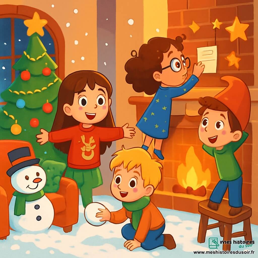 Quatre enfants sont présents : Lili, 8 ans, avec de longs cheveux bruns, porte un pull rouge et est debout devant le sapin de Noël. Tim, 7 ans, a des cheveux blonds en bataille, porte une écharpe verte et est accroupi près du bonhomme de neige. Zoé, 6 ans, avec des cheveux bouclés et des lunettes, porte une robe bleue et lit un indice près de la cheminée. Max, 7 ans, avec des cheveux châtains et un bonnet de lutin rouge, cherche un indice sur une chaise. La scène se déroule dans un salon chaleureux avec un sapin décoré, une cheminée crépitante et un bonhomme de neige en peluche. Les enfants sont en pleine aventure pour un jeu de piste magique de Noël, exprimant joie et excitation, tandis que des flocons de neige tombent doucement à l'extérieur.