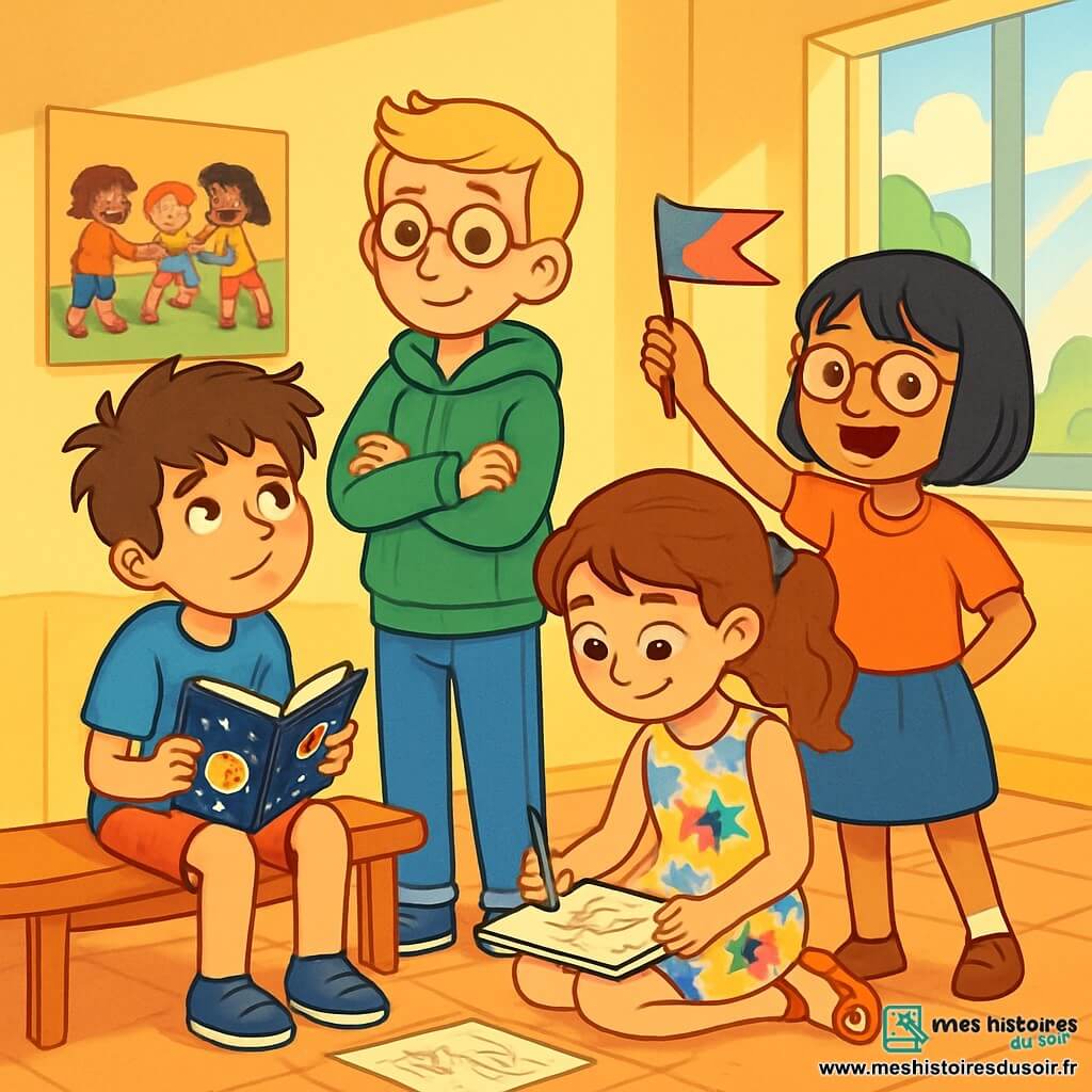 Il y a quatre enfants : Sami, un garçon de 11 ans aux cheveux bruns en bataille, assis sur un banc avec un livre d'astronomie ; Mathieu, 11 ans, blond avec des lunettes rondes, debout à côté de Sami avec un sourire ; Chloé, 10 ans, avec des cheveux bouclés en queue de cheval, assise par terre en train de dessiner ; et Lila, 10 ans, avec des cheveux raides et des lunettes, debout derrière Chloé avec un petit drapeau. La scène se déroule dans une grande salle lumineuse d'un centre culturel, avec des murs jaunes et des affiches colorées. Les enfants discutent autour d'une table, échangeant des idées sur la vérité et le mensonge, Sami levant la main pour parler, tandis que Mathieu écoute, Chloé dessine et Lila encourage l'esprit d'équipe avec son drapeau.