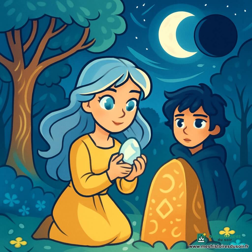 Eléanor, une jeune femme aux yeux couleur de pierres de lune, se tient au centre d'une clairière éclairée par la lune. Ses longs cheveux argentés et son visage déterminé dégagent une lueur d'émerveillement. Elle tient une pierre claire brillamment mystique. À ses côtés, le Fils de l’Ombre, un garçon de 14 ans en manteau de brume, l'observe avec admiration et inquiétude. La clairière est entourée d'arbres-lyres aux troncs majestueux, leurs feuilles scintillant au vent. La Grande Pierre du Souffle, ornée de symboles anciens, émet une lumière douce. Eléanor est agenouillée devant la pierre, prête à offrir son cœur pour apaiser l'ombre menaçante de l'astre noir à l'horizon, tandis que le vent crée une atmosphère magique et tendue.
