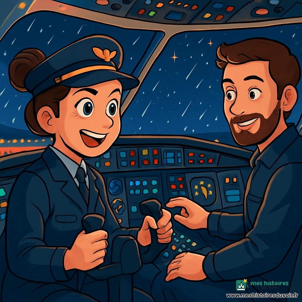 Clara, une pilote avec des cheveux châtains en chignon, porte une combinaison de vol bleu marine et une casquette avec un insigne. Son visage montre détermination et joie, ses yeux brillent d'excitation dans le cockpit d'un avion, prête à décoller. À ses côtés, Julien, son copilote d'environ 30 ans, vérifie les instruments avec un sourire confiant. Le cockpit est illuminé par des lumières et des instruments colorés, offrant une vue sur un ciel nocturne étoilé. L'avion est sur le point de décoller, avec les lumières de l'aéroport en arrière-plan, tandis qu'une légère pluie tombe sur la verrière, ajoutant une touche poétique à ce moment.