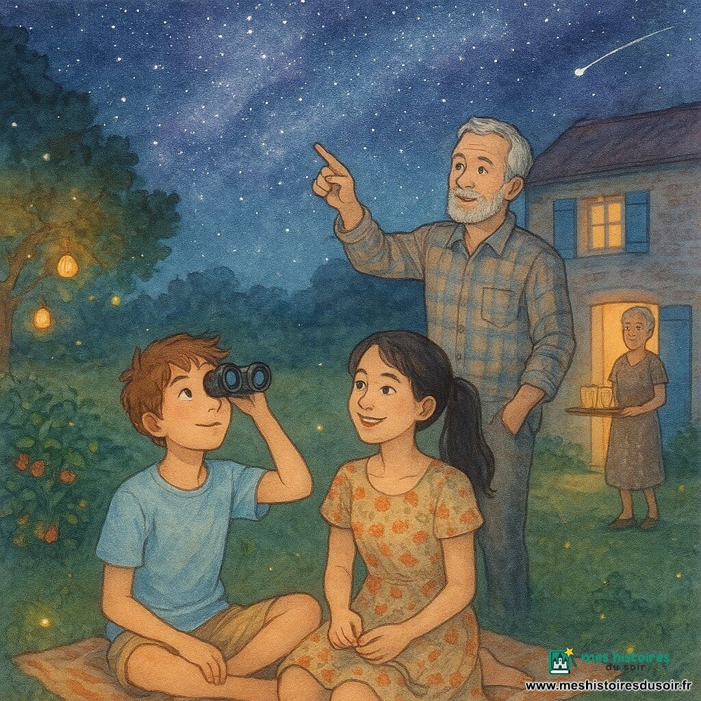Léo, 12 ans, regarde le ciel avec des jumelles, calme et émerveillé, cheveux châtain en bataille, tee-shirt bleu pâle et short beige, assis sur une couverture à motifs; Inès, ~13 ans, sourit malicieusement, queue de cheval noire, robe fleurie, assise à côté de lui tenant un bracelet en ficelle et le regardant; Papi, ~60 ans, cheveux gris courts et barbe fine, chemise à carreaux, pointe une constellation debout légèrement derrière à droite; Mamie, ~58 ans, cheveux gris en chignon, robe à pois, tend un plateau avec deux verres de citronnade depuis la porte de la maison; jardin de campagne nocturne avec pelouse verte, parterre de tomates et fraisiers à gauche, lucioles et lanternes suspendues, table en bois et maison en pierre aux volets bleus; ciel très étoilé indigo-violet avec voie lactée visible et une étoile filante en haut à droite; ambiance douce et réconfortante, lumière chaude des lanternes contrastant avec la fraîcheur du ciel, rendu aquarelle flou avec textures papier; composition centrée sur les trois personnages sur la couverture, profondeur avec la maison en arrière-plan et le vaste ciel au-dessus.