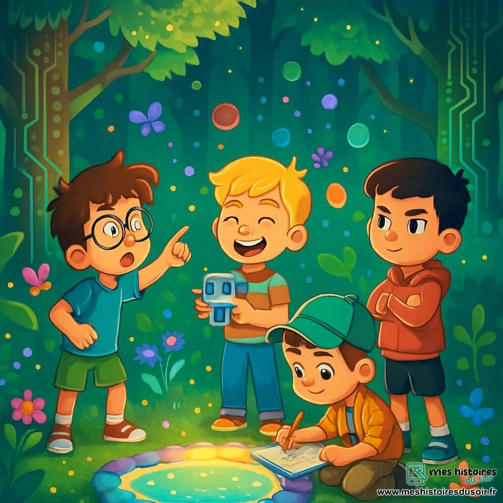 Quatre enfants se trouvent dans une forêt enchantée. Max, 10 ans, aux cheveux bruns en bataille et lunettes trop grandes, est à gauche, émerveillé par un portail magique. Léo, 9 ans, blond et souriant, se tient au centre avec un petit robot. Tom, 10 ans, aux cheveux noirs et déterminé, est à droite, prêt à avancer. Jules, 9 ans, châtain avec une casquette, est accroupi près du portail, dessinant des plans. La forêt est remplie d'arbres aux troncs en circuits électroniques et de feuilles scintillantes. Au centre, un cercle de pierres brillantes émet une lumière colorée, tandis que des fleurs luminescentes et des insectes colorés ajoutent à la magie. Les amis, excités et curieux, se préparent à sauter dans le cercle lumineux, entourés de bulles multicolores symbolisant la magie à venir.