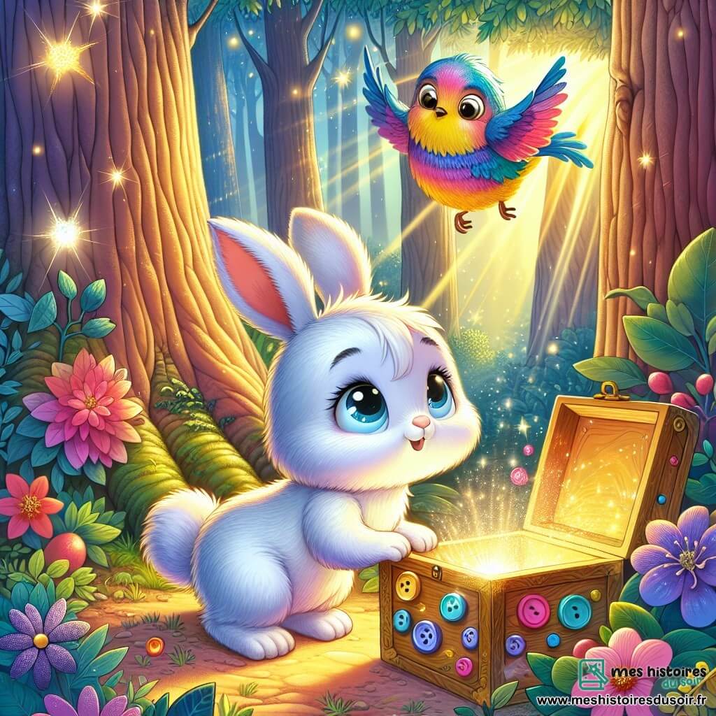 Illustration d'un petit lapin aux grandes oreilles, pelage blanc et doux, se tenant debout sur ses pattes arrière, émerveillé par une boîte brillante aux boutons colorés. À proximité, un oiseau coloré aux plumes bleu vif et jaune chante joyeusement sur une branche. Le décor est une forêt magique avec des arbres gigantesques, des fleurs lumineuses et des lucioles dansant dans l’air. Le lapin découvre la boîte mystérieuse qui l’a amené dans ce monde enchanté, prêt pour une aventure incroyable. Des rayons de lumière, des étoiles scintillantes et des baies rouges ajoutent de la couleur à la scène.