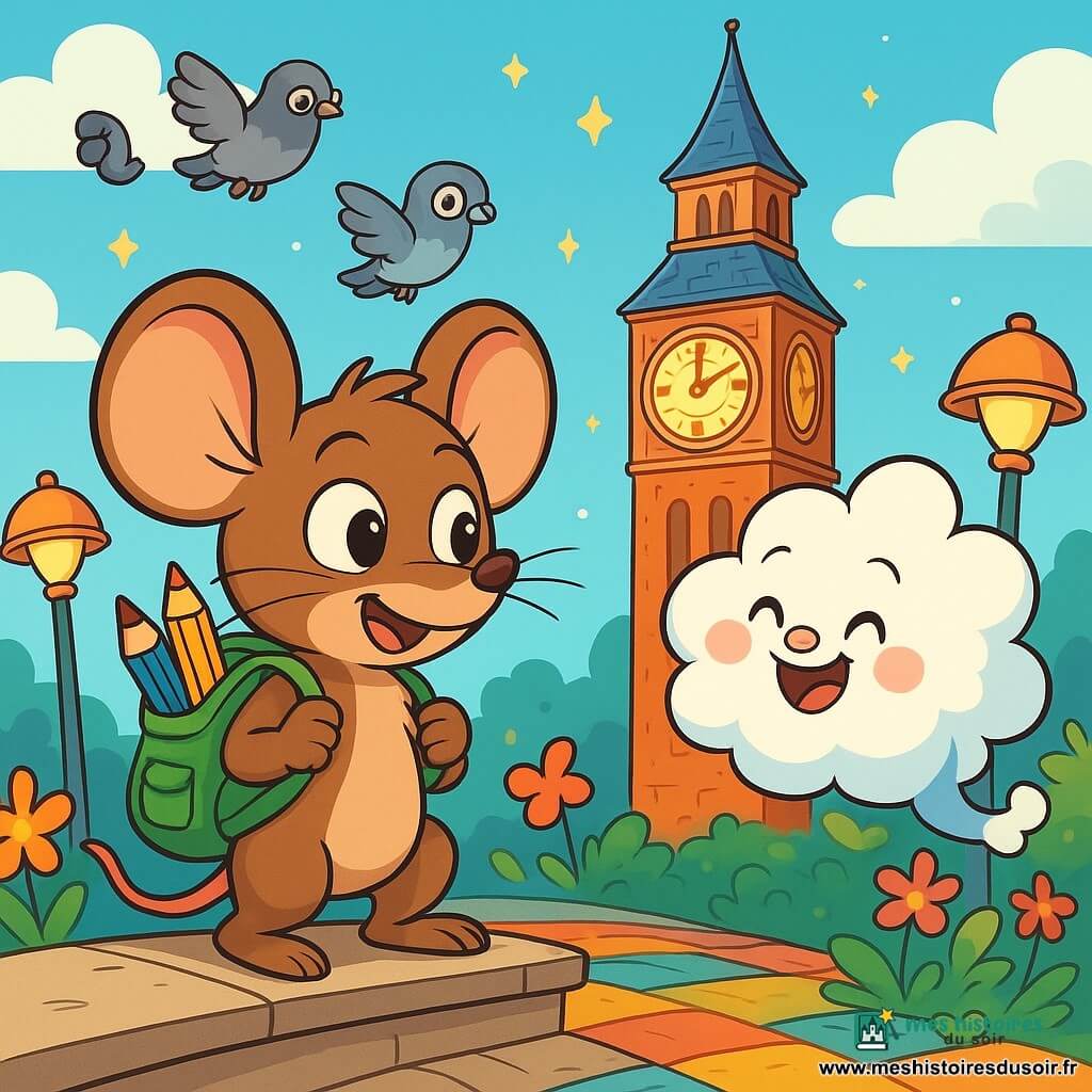 Noisette, une petite souris aux grandes oreilles et à la fourrure brune, se tient sur une corniche, les yeux écarquillés de curiosité. Elle porte un sac à dos rempli de fournitures scolaires, avec une liste en papier qui dépasse. À côté d'elle, Pompon, un nuage miniature aux joues roses, flotte joyeusement, prêt à s'envoler. En arrière-plan, la Tour de l'Horloge se dresse majestueusement, ornée de cadrans dorés, tandis que des lampadaires en forme de champignons éclairent le chemin. Les trottoirs sont pavés de couleurs vives, et des fleurs aux pétales multicolores dansent au rythme d'une douce brise. Noisette et Pompon discutent en riant, se préparant à affronter les escaliers chantants menant à la Tour, tandis que des pigeons aux lunettes rigolotes volent autour d'eux.