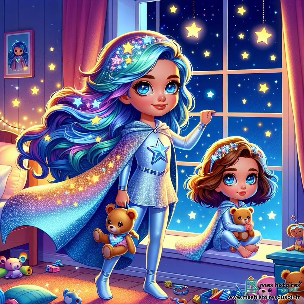 Stella Nova, une jeune femme aux longs cheveux bleus scintillants, porte une cape argentée ornée d’étoiles. Son visage exprime une détermination lumineuse, prête à sauter dans la nuit sombre, où les étoiles ont disparu. À ses côtés, sa petite sœur Lila, une fillette de six ans aux cheveux châtains bouclés, regarde avec des yeux écarquillés, tenant un doudou licorne. La scène se déroule dans la chambre de Stella, décorée de posters de super-héros et de lumières scintillantes, avec des jouets éparpillés. Stella est déterminée à retrouver les étoiles disparues, tandis que Lila, admirative, l’encourage avec un sourire.
