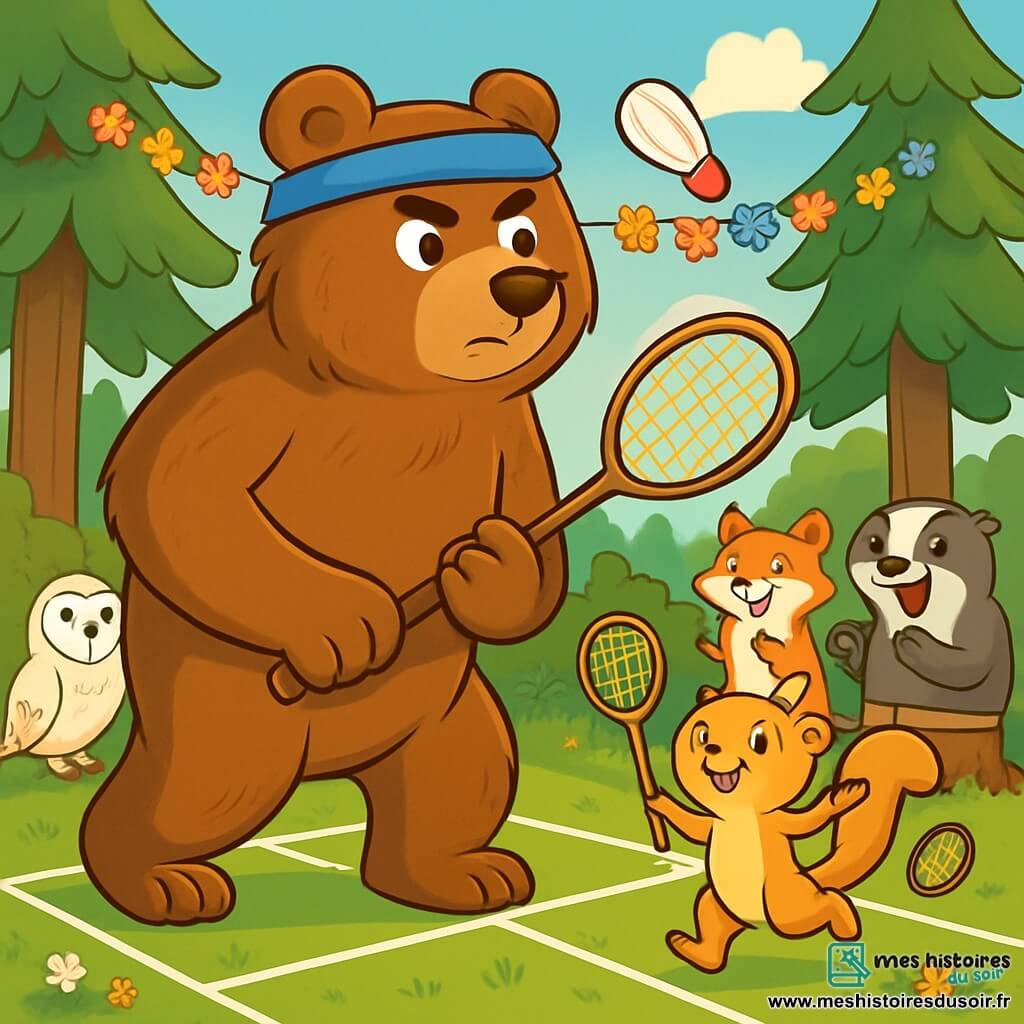 Un grand ours brun nommé Brindille se tient au centre d'un terrain de badminton, concentré et déterminé. Son pelage est doux et brillant, et il porte un bandeau bleu tout en tenant une raquette en bois. À ses côtés, un petit écureuil doré nommé Zéphir, enthousiaste, est prêt à jouer avec sa petite raquette. En arrière-plan, des amis animaux, dont une chouette blanche, une renarde rousse et un blaireau, regardent admirativement. Le lieu est une clairière ensoleillée entourée de pins verts, avec des guirlandes de fleurs suspendues. Le sol est recouvert d'herbe fraîche et de fleurs sauvages, tandis que des spectateurs animaux s'installent pour admirer le match. Brindille est prêt à frapper un volant, capturant l'excitation du moment, encouragé par ses amis.