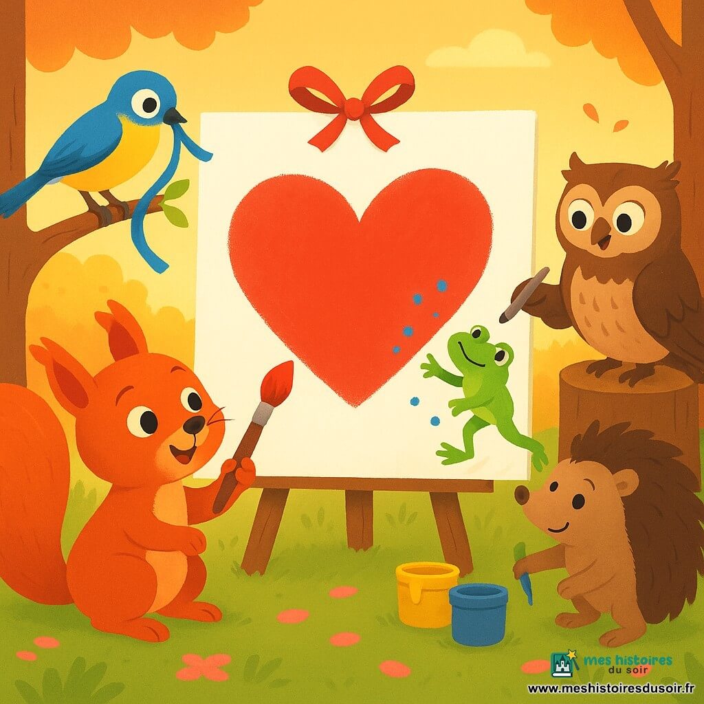 Mabot, petit écureuil roux au pelage brillant, peint un grand cœur rouge sur une toile blanche tandis que ses amis — Lila la mésange bleue et jaune tenant des rubans, Bruno le hérisson poussant des pots de peinture, Pipo la grenouille ajoutant des points bleus et Kiki la chouette écrivant des mots — décorent la toile dans une clairière au coucher du soleil avec pétales roses et lumière dorée, ambiance chaleureuse et ludique, couleurs vives, traits doux, style vectoriel plat.