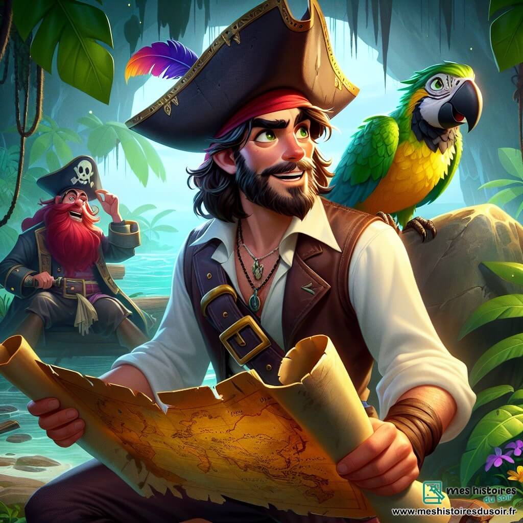 Pierre, le personnage principal, est un pirate d'une trentaine d'années avec de longs cheveux bruns et une barbe soignée. Il porte un chapeau de pirate avec une plume colorée et une chemise blanche sous un gilet en cuir. Son visage montre détermination et excitation alors qu'il brandit une carte au trésor, scrutant l'horizon. À ses côtés, Coco, un perroquet aux plumes vertes et jaunes, est perché sur son épaule, curieux et vigilant. Plus loin, Barbe Rousse, un vieux pirate d'environ cinquante ans avec une longue barbe rousse et un bandana, sourit en racontant une histoire à Pierre. La scène se déroule sur une île mystérieuse, entourée de brume, avec une jungle dense et une grotte sombre en arrière-plan. Pierre, Coco et Barbe Rousse se préparent à entrer dans la grotte où un trésor légendaire est caché. Pierre tient la carte avec enthousiasme, Barbe Rousse pointe l'entrée, et Coco est prêt à s'envoler.