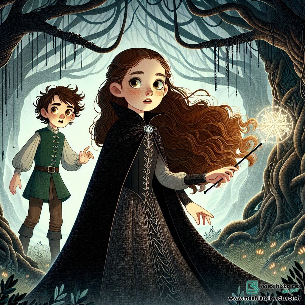 Au centre de l'image, Amélie, une jeune sorcière de onze ans, se tient avec assurance, ses longs cheveux bruns flottant autour d'elle. Elle porte une cape en velours noir brodée de fils d'argent et tient le Cristal des Étoiles, qui illumine son visage. À ses côtés, Félix, un garçon de douze ans aux cheveux ébouriffés, l'observe avec admiration, prêt à défendre son amie avec sa baguette magique. La scène se déroule dans la Forêt des Ombres, un lieu mystérieux avec des arbres géants et une atmosphère magique. Amélie et Félix font face à un spectre menaçant qui surgit des buissons, Amélie s'apprêtant à utiliser le cristal pour repousser la créature, illustrant leur bravoure et leur amitié.