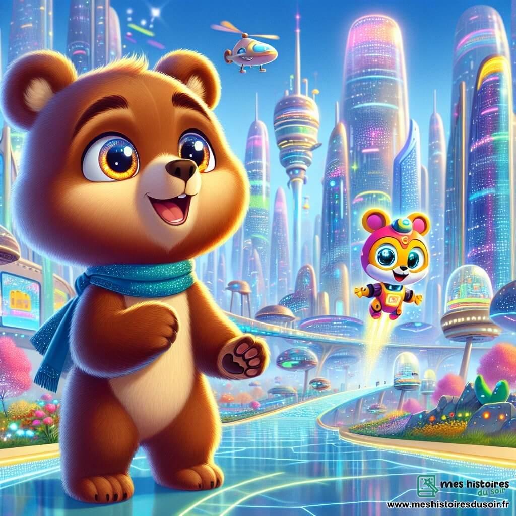 Un jeune ours brun aux yeux pétillants se tient au centre d'une ville futuriste, regardant autour de lui avec surprise et curiosité, prêt à explorer. À ses côtés, un petit robot-écureuil coloré, avec des yeux LED scintillants, sourit en flottant légèrement au-dessus du sol et pointe une direction à explorer. En arrière-plan, LuminoCity s'étend avec des tours de verre, des passerelles transparentes et des voitures volantes. Des panneaux lumineux et un parc aérien rempli de plantes colorées et de sculptures futuristes sont visibles. La scène montre l'ours et le robot-écureuil au début de leur aventure, entourés de lumières éclatantes et d'une atmosphère magique.