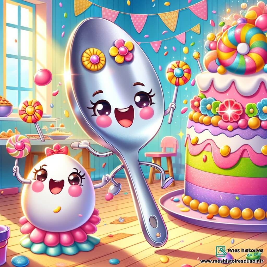 Câlinette, une cuillère en métal brillant avec un sourire et une petite fossette sur sa poignée, saute de joie devant un magnifique gâteau décoré de pétales de sucre. À côté d'elle, Sucre-doudou, un bonbon coloré avec des joues roses, danse joyeusement, tandis que Petit Œuf, un œuf blanc avec des yeux ronds et un petit chapeau, fait des pirouettes sur la table. La scène se déroule dans une cuisine chaleureuse, avec des murs pastel et une grande table en bois, illuminée par des rayons de soleil. Câlinette et ses amis préparent une surprise pour la fête des mamans, entourés de couleurs vives et de rires, avec le gâteau qui dégage une odeur de vanille et de sucre.
