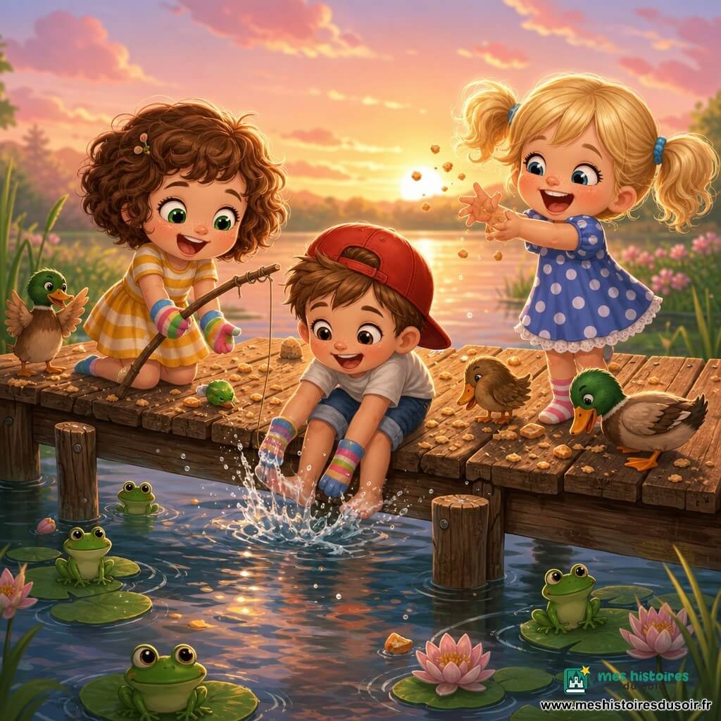 Trois enfants d'environ 6 ans en style chibi kawaii rient sur un petit ponton en bois au coucher du soleil : une fillette brune aux cheveux bouclés en robe rayée jaune et blanche fait semblant de pêcher avec des chaussettes-mains, Lucas, garçon châtain casquette rouge à l’envers, agite sa chaussette et éclabousse, Chloé, fillette blonde en couettes et robe bleue à pois blancs, applaudit en lançant des miettes de biscuits ; autour, quelques canards picorent et des grenouilles coassent sur les nénuphars, l’atmosphère est joyeuse avec des tons pastel chauds et des reflets rose-orangé sur l’eau.
