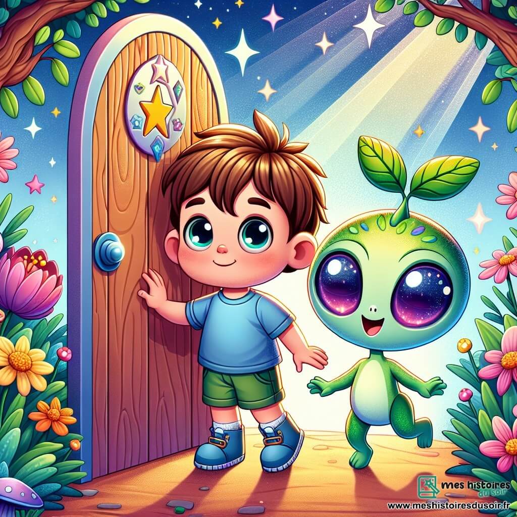 Illustration d'un petit garçon aux cheveux bruns et aux yeux pétillants, en t-shirt bleu et short vert, exprimant curiosité et émerveillement devant une porte en bois ornée d'étoiles. À ses côtés, une créature extraterrestre joyeuse aux yeux ronds et peau colorée, sautillant avec enthousiasme. Le jardin secret est rempli de fleurs éclatantes et d'arbres dansant au vent, baigné d'une lumière magique. Le garçon et l'extraterrestre découvrent un monde fantastique où les fleurs chantent et les créatures dansent, symbolisant l'amitié. Des étoiles scintillantes, des créatures joyeuses et des couleurs vives évoquent la magie de l'univers.