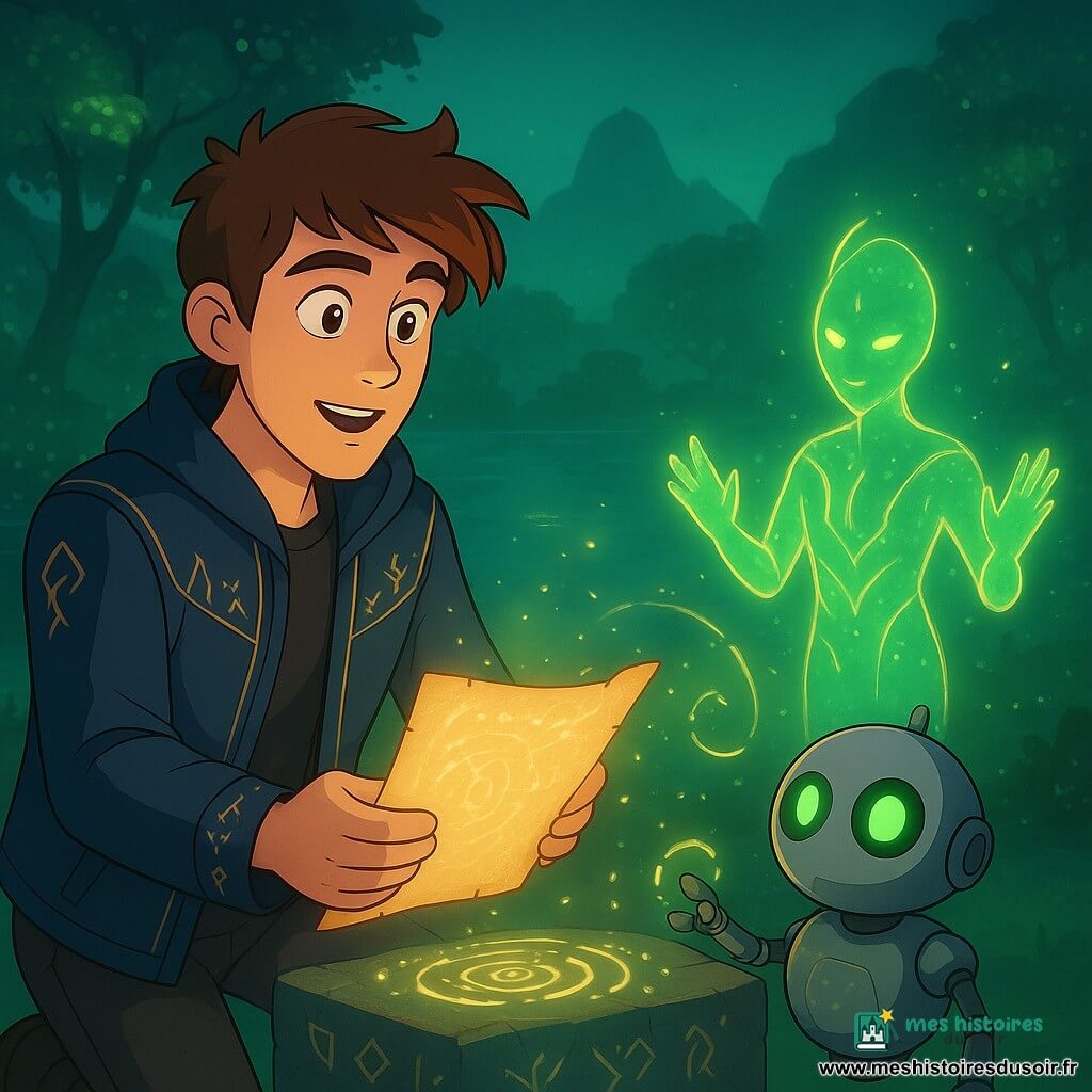 Alaric, environ 25 ans, visage jeune-adulte, cheveux bruns en bataille, expression émerveillée et déterminée, porte une veste d'explorateur spatiale bleu nuit brodée de runes dorées et tend la main pour présenter une carte parcheminante brillante vers un autel; à sa droite flotte Orion, petit assistant robotique rond aux yeux LED verts, montrant la carte d'une griffe articulée et émettant de douces étincelles; devant l'autel se tient un Gardien des Secrets non humain fait de lumière émeraude et filaments dorés, silhouette translucide et accueillante, mains levées; lieu: lac miroitant entouré d'arbres aux feuilles phosphorescentes, montagnes flottantes et brume émeraude, autel de pierre gravé de runes pulsantes; scène solennelle et paisible où la carte s'illumine et des runes forment des anneaux lumineux autour de l'autel, un rayon pose une auréole sur Alaric; ambiance magique aux tons vert émeraude, bleu nuit et touches dorées; rendu 3D cartoon cel-shading, lignes claires, textures lisses, composition centrée sur la connexion entre l'homme, le robot et le Gardien.