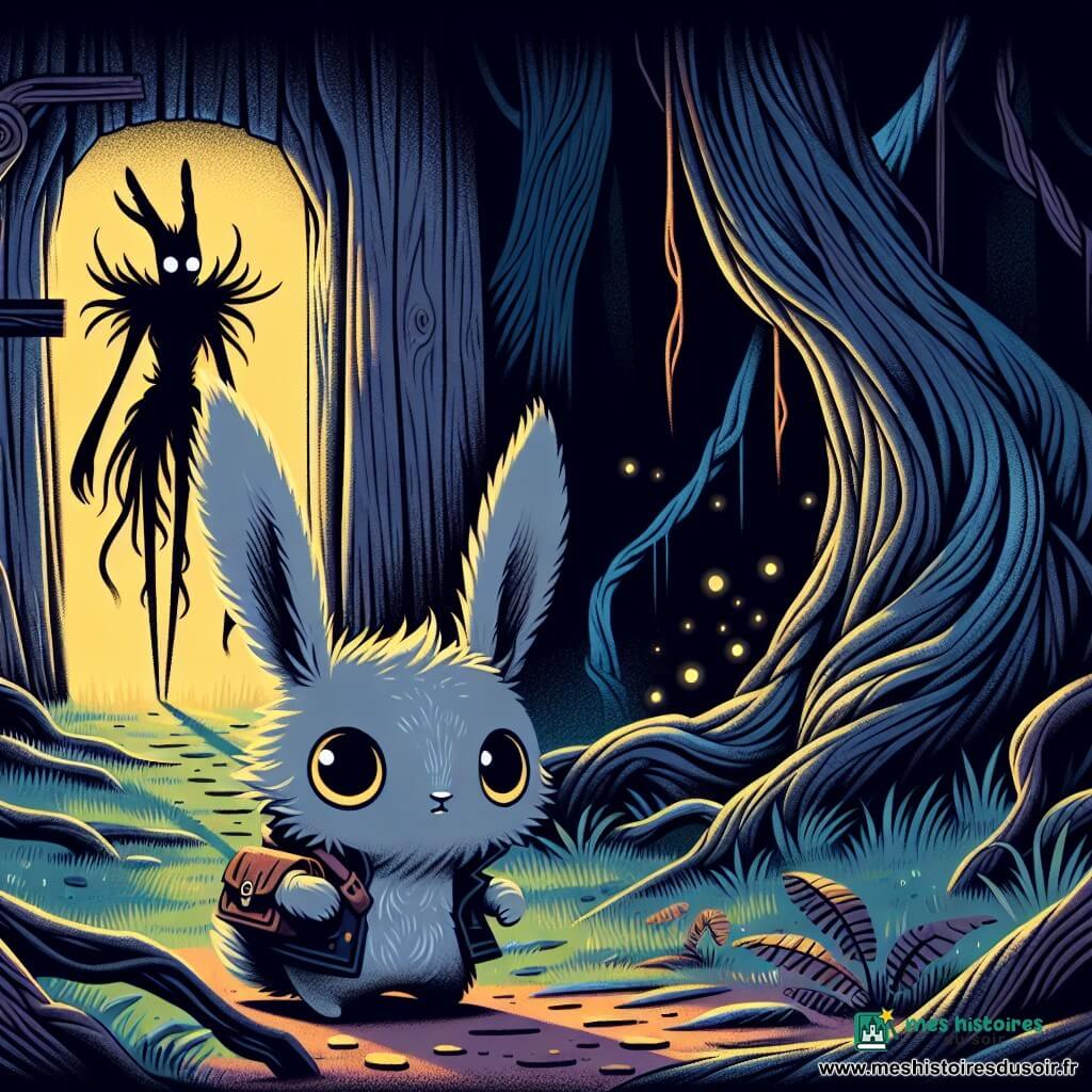 Un petit lapin nommé Nocte, aux longues oreilles et au pelage gris ébouriffé, se tient au centre d'une clairière sombre. Ses grands yeux brillent de détermination et de peur, tandis qu'il serre une bourse de cuir contre son cœur. À proximité, une ombre mystérieuse, faite d'écorce et de brume, flotte dans l'air avec des yeux blancs perçants, dégageant une aura menaçante et triste. La forêt est épaisse, avec des arbres tordus et un brouillard enveloppant le sol, tandis que des lucioles scintillent. Nocte hésite devant une porte de bois noir, soudainement apparue, alors que l'ombre s'approche lentement, prête à lui poser une question qui pourrait changer son destin.