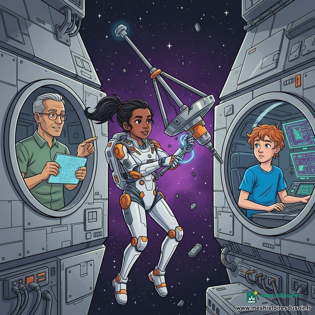 Hugo, ~42 ans, visage chaleureux, cheveux courts grisonnants et lunettes fines, se tient dans l’encadrement du sas, tablette lumineuse à la main et pointant vers l’extérieur ; Lina, ~16 ans, en exosquelette blanc et orange, queue de cheval, visage déterminé, flotte en apesanteur près d’une antenne cassée en serrant un boulon avec une clé magnétique ; Max, ~15 ans, cheveux en bataille et t-shirt bleu électrique, est assis près d’un panneau de contrôle aux écrans verts et violets, tapant sur un clavier holographique et observant Hugo et Lina au travers du hublot ; décor : structure métallique extérieure de la station Orbital‑9 avec panneaux gris, câbles exposés, reflets chromés, étoiles et nébuleuse violette en arrière‑plan, débris flottants ; scène dynamique de réparation d’une grande antenne endommagée, contrastes nets, couleurs saturées et composition équilibrée.