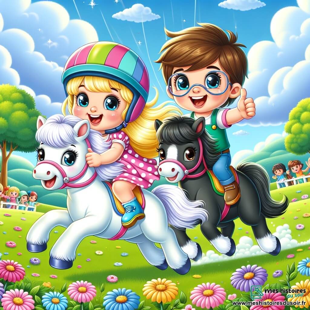 Une petite fille de 2 ans, nommée Lily, est assise sur son poney blanc. Elle porte une robe rose à pois et un casque coloré, ses cheveux blonds flottent au vent. À côté d'elle, un garçon de 6 ans, Tom, est sur son poney noir. Il sourit et lève un pouce en l'air. Le décor est un champ verdoyant avec des fleurs colorées et un ciel bleu. Des arbres se dressent au loin, et des spectateurs applaudissent. Lily et Tom sont prêts pour une course amicale, leurs poneys galopant côte à côte, remplis d'énergie et de joie.