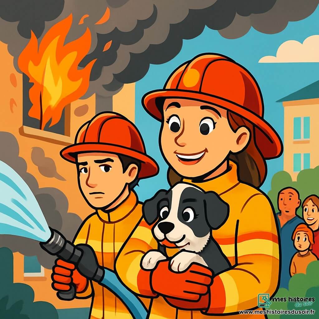 Capitaine Julie Morel, pompier au sourire éclatant, porte un casque rouge et une veste ignifugée. Elle tient un petit chien noir et blanc dans ses bras avec tendresse. À ses côtés, Malik, un jeune pompier de 25 ans, déploie une lance à incendie, concentré. En arrière-plan, une rue animée avec un immeuble, des flammes orange et de la fumée noire sortant des fenêtres. Des voisins inquiets observent la scène à distance. Julie sauve le chien coincé, tandis que la fumée tourbillonne autour d'eux, créant une atmosphère dramatique et héroïque.