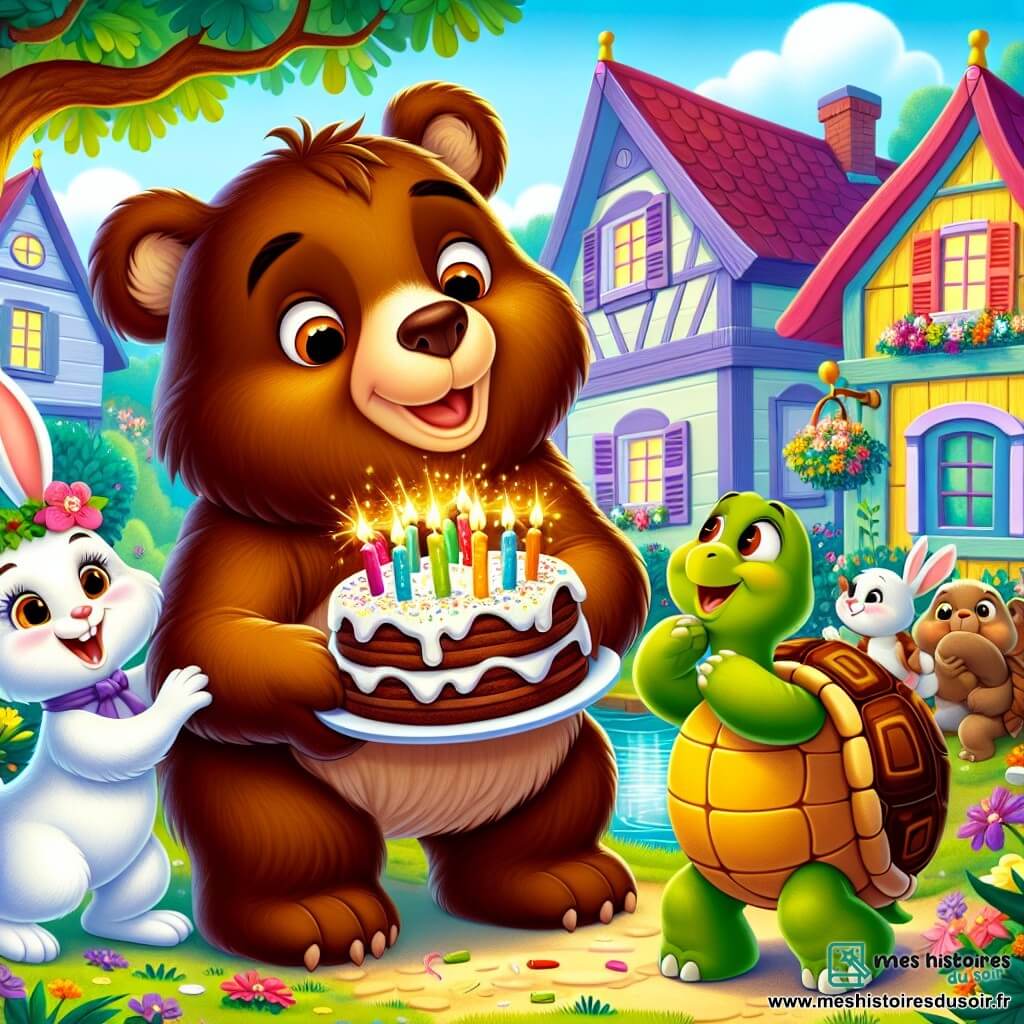 Un ours brun nommé Oscar, avec un pelage doux, sourit joyeusement en tenant un gâteau au chocolat décoré de bougies colorées. À ses côtés, un lapin blanc nommé Théo, aux grandes oreilles, saute de joie avec une carotte. Un peu plus loin, une tortue verte nommée Emma sourit en offrant un morceau de gâteau à Oscar. La scène se déroule dans un village pittoresque avec des maisons en bois colorées et un grand chêne au centre, où les amis se réunissent pour célébrer. Oscar souffle sur les bougies de son gâteau d'anniversaire, tandis que des confettis tombent autour d'eux, créant une ambiance festive.