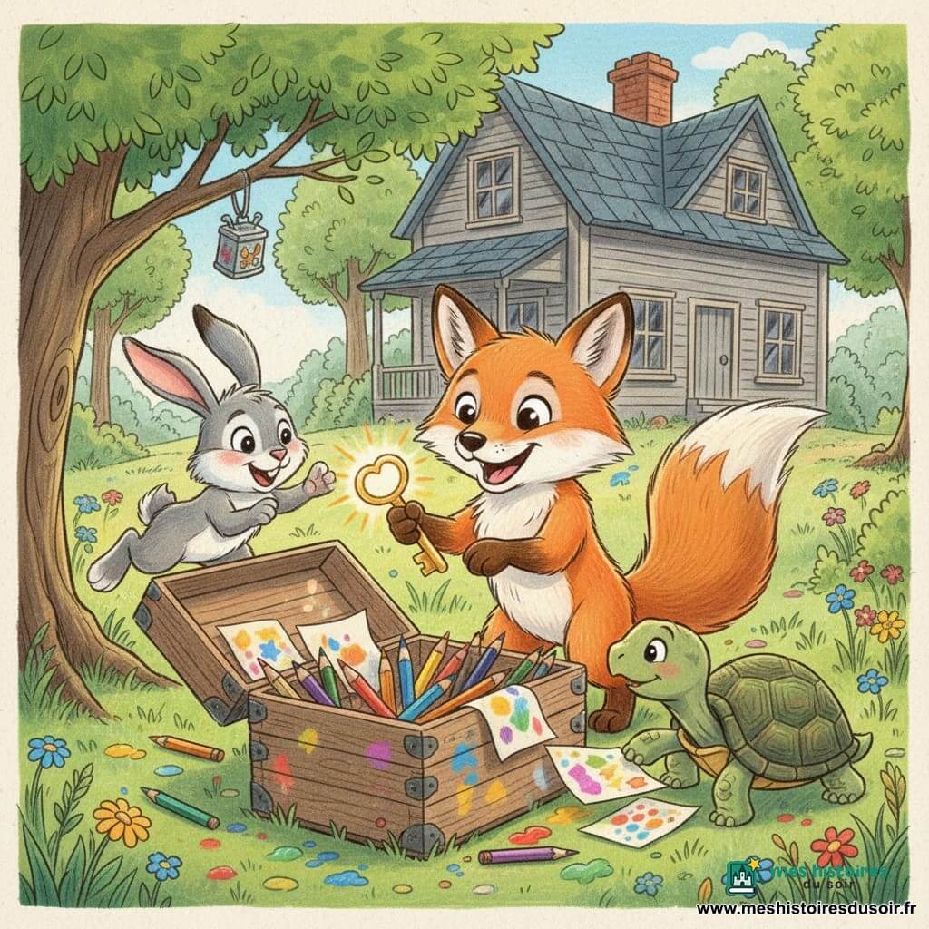 Un petit renard roux au large sourire tient une clé en or devant une vieille caisse en bois ouverte contenant des crayons de couleur et des feuilles brillantes, une tortue verte à la carapace marbrée, émerveillée, montre une feuille à droite et un lapin gris excité, à gauche, tient une boîte métallique accrochée à une branche ; en arrière-plan, une vieille maison en bois grise entourée d’arbres et d’une clairière fleurie, ambiance joyeuse et lumineuse avec taches de peinture, crayons éparpillés et petites empreintes de pattes.
