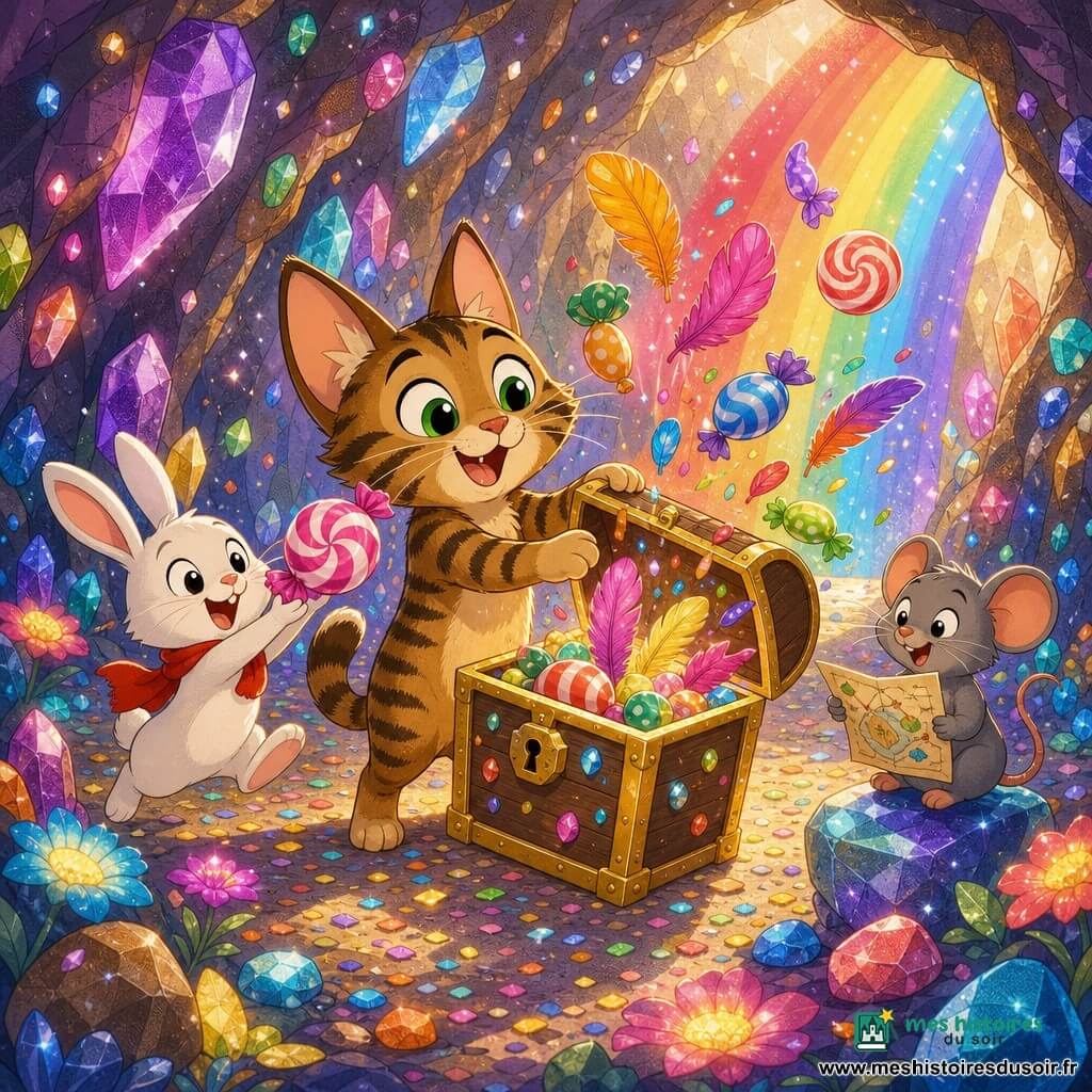 Un chat nommé Gigi, tigré brun et beige, debout sur ses pattes arrière, émerveillé en ouvrant un coffre scintillant; à gauche Loulou, petit lapin blanc à écharpe rouge, souriant et sautillant pour attraper un bonbon géant; à droite Zaza, petite souris grise tenant une carte sur une pierre brillante; grotte aux parois de cristaux colorés et pierres luisantes, arc‑en‑ciel lumineux à l'entrée, sol parsemé de fleurs phosphorescentes et confettis; coffre ouvert laissant s'envoler des bonbons géants et des plumes colorées, lumière chaude et expressions de surprise et de bonheur, style bande dessinée enfantine, palette douce et contours nets.