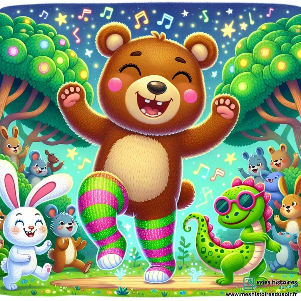 Illustration d'un ours joyeux avec un pelage brun et des chaussettes rayées vertes et roses qui brille, sautant avec un grand sourire. À ses côtés, un petit lapin blanc aux grandes oreilles et joues roses observe émerveillé, prêt à applaudir. Un lézard vert en lunettes de soleil et chaussettes à pois se tient en retrait, surpris et amusé. La scène se déroule dans une forêt magique, avec des arbres colorés et des feuilles en forme de notes de musique, entourée de fleurs souriantes. L'ours danse sur scène, défiant le lézard à un duel de danse, tandis que le lapin l'encourage. Des éclats de lumière et des étoiles brillent dans le ciel bleu, ajoutant une touche de magie.