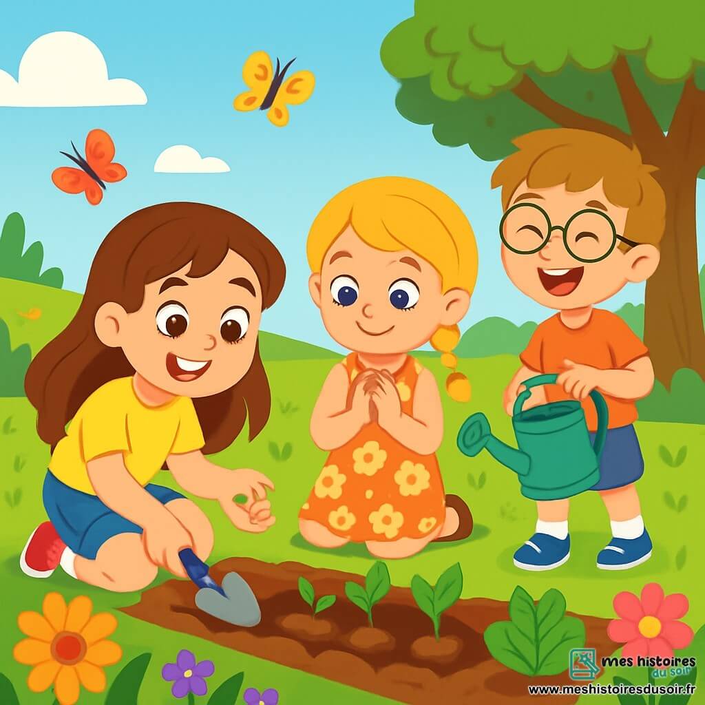 Une petite fille de 8 ans, avec de longs cheveux bruns et des yeux curieux, est accroupie dans un jardin ensoleillé, souriante et pleine d'énergie. Elle porte un t-shirt jaune et un short en denim, tenant une petite pelle pour planter des graines colorées. À côté d'elle, son amie Emma, également âgée de 8 ans, avec des cheveux blonds en tresse et une robe à fleurs, observe les petites pousses qui sortent de terre. Lucas, un garçon de 8 ans aux cheveux châtains et lunettes rondes, se tient un peu plus loin avec un arrosoir, riant en regardant ses amis. Le jardin est rempli de fleurs éclatantes, de légumes et de papillons, sous un ciel bleu avec quelques nuages. Les enfants plantent des graines pour créer un jardin écologique, entourés de rires et d'enthousiasme, montrant leur engagement à protéger la nature.