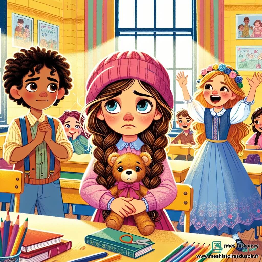 Dans une salle de classe colorée, trois amies sont réunies. Lila, 7 ans, pleure en tenant son ours en peluche, tandis que Mia, avec un bonnet rose, cherche sous une table avec détermination, et Zoé, en robe bleue, rit en encourageant ses amies. La salle est lumineuse avec des murs jaunes et des dessins d'enfants. Lila est triste de perdre son ours, mais Mia et Zoé l'aident avec enthousiasme, illustrant leur amitié et solidarité.