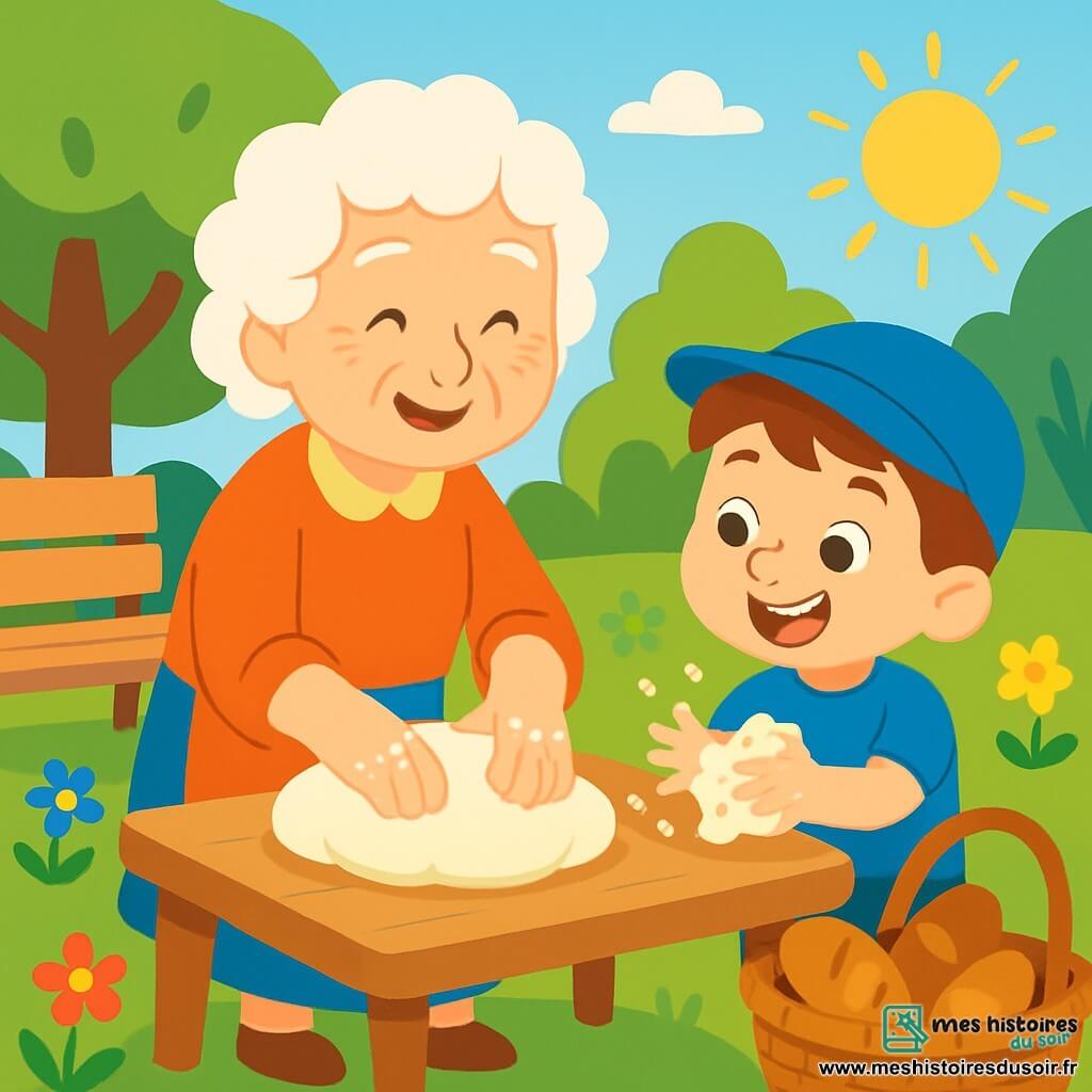 Madame Lise, une femme âgée aux cheveux blancs et bouclés, sourit chaleureusement en pétrissant une pâte à pain sur une table en bois. À ses côtés, Noé, un garçon de 7 ans portant un chapeau bleu, mélange la pâte avec enthousiasme. La scène se déroule dans un petit parc ensoleillé, entouré d'arbres et de fleurs. Un banc en bois et un panier de pain frais sont visibles. Ils partagent un moment joyeux à apprendre à faire du pain, entourés de l'odeur de farine et du soleil.