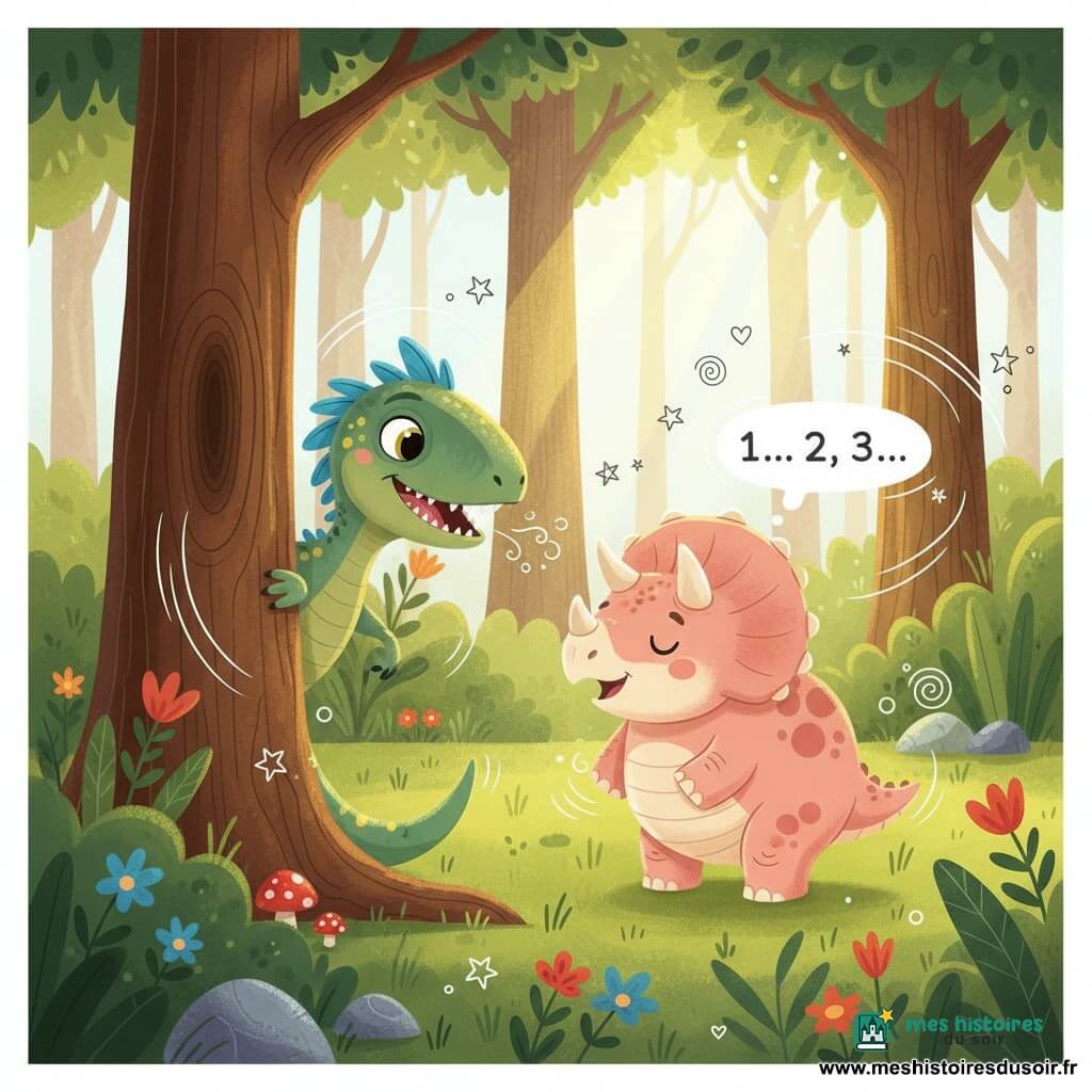 Un petit vélociraptor vert tacheté de jaune, aux yeux ronds et plumes au sommet de la tête, se cache malicieusement derrière un gros tronc, patte visible et queue courbée, tandis qu’un tricératops amical nommé Trixie, corps rond rose pâle aux crêtes crème et cornes arrondies, compte à voix haute dix pas en se tenant devant l’arbre ; la forêt lumineuse à herbe haute, fleurs colorées et arbres à écorce texturée, rayons de soleil, pierres et champignons au sol suggèrent un cache-cache joyeux, avec mouvement et rire évoqués par quelques lignes et doodles, style enfantin aux couleurs vives, contours doux et ambiance chaleureuse.