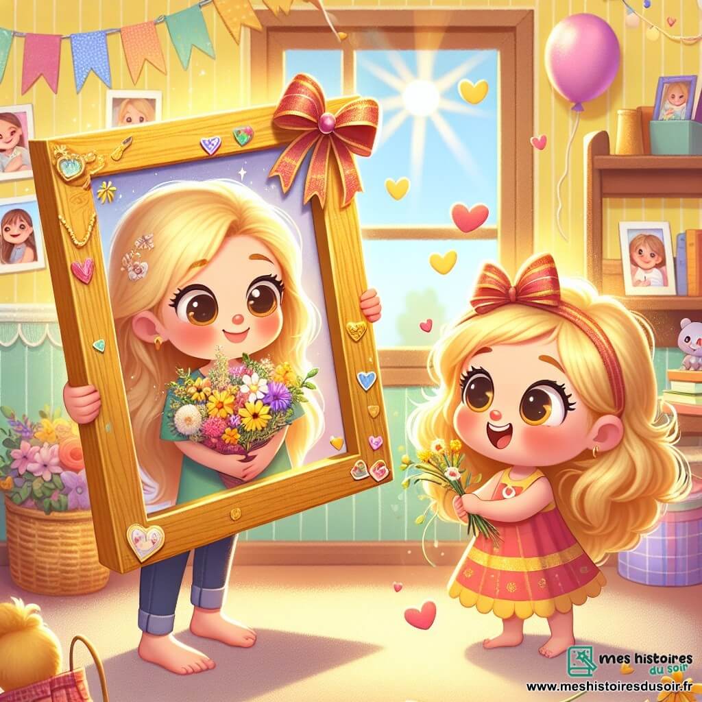Illustration d'un cadre en bois doré, aux yeux pétillants et au sourire joyeux, décoré de rubans colorés et d'autocollants brillants, tenant une photo d'une maman et son enfant. À côté, une petite fille aux cheveux blonds et bouclés, en robe colorée, admire le cadre avec un grand sourire et un bouquet de fleurs sauvages. En arrière-plan, une pièce chaleureuse aux murs jaunes pastel, avec une étagère de livres, une fenêtre ensoleillée et des décorations de fête. La petite fille offre le cadre à sa maman pour la fête des mères, dans une ambiance de bonheur familial, entourée de cœurs flottants et de couleurs vives.