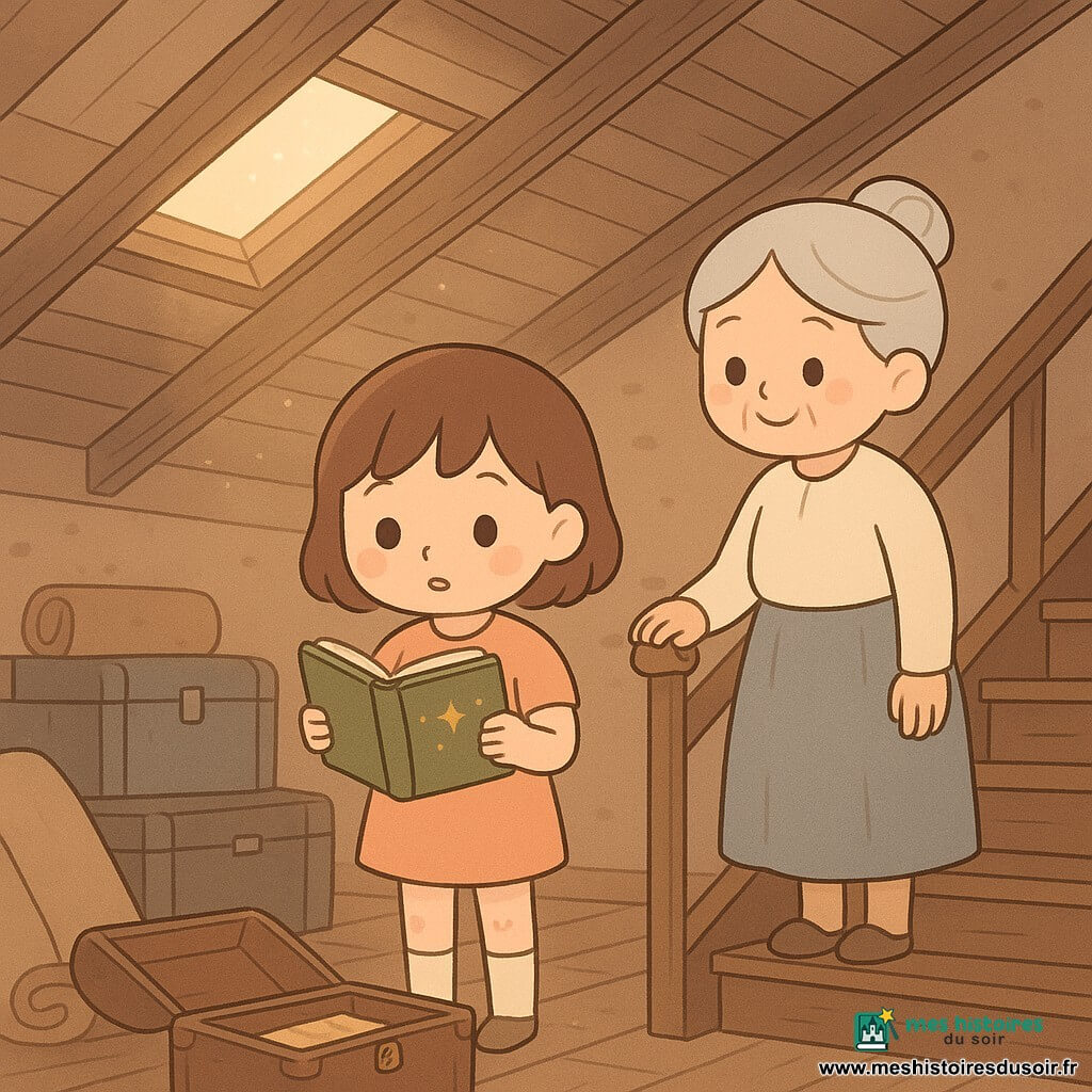 Lina, 12 ans, cheveux châtain courts, émerveillée et concentrée, tient contre sa poitrine un petit livre vert en cuir d'où émerge à moitié une carte brillante à motifs d’étoiles dorées ; en bas des escaliers, sa grand‑mère d’environ 72 ans, souriante, cheveux gris en chignon, pose la main sur la rambarde en regardant Lina avec bienveillance ; le grenier ancien aux poutres apparentes et plancher irrégulier est baigné d’un rayon de soleil qui fait scintiller la poussière autour de malles et tapis roulés — rendu kawaii minimal aux couleurs pastel, formes arrondies et textures légères.