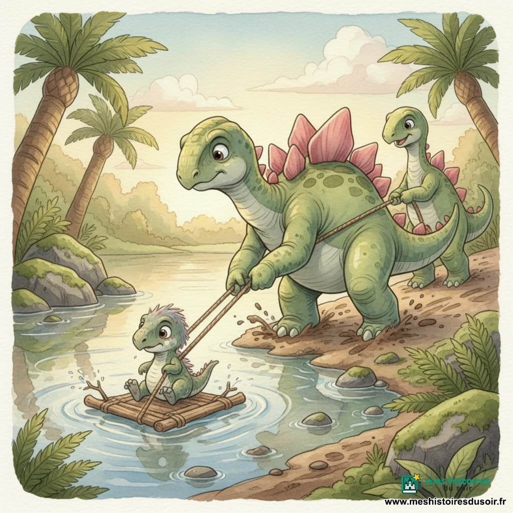 Un jeune stégosaure timide mais déterminé, Max, écailles vert tendre et plaques dorsales rosées, tire une corde dans la boue pour sortir Piko, un petit dinosaure tremblant et mouillé accroché à un radeau au milieu d’un lac miroir entouré de fougères géantes et de cycas ; Lucy, amie malicieuse de Max, se tient sur la rive en souriant et tire l’autre extrémité, tandis que l’eau claire reflète des nuages cotonneux, les éclaboussures dessinent des arcs et la lumière dorée du soir donne à la scène une ambiance douce, héroïque et aquarellée.