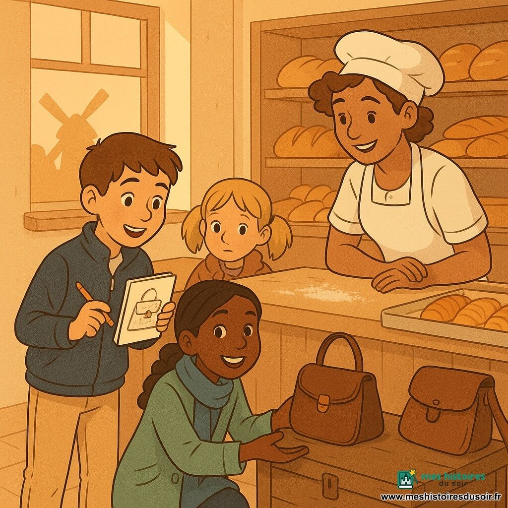 Trois enfants dans une boulangerie de village lumineuse : un garçon d'environ 10 ans aux cheveux châtain courts, veste bleu marine et pantalon beige, debout à gauche du comptoir en bois clair saupoudré de farine, tenant un carnet et un crayon et montrant un croquis ; une fille d'environ 10 ans aux cheveux bruns en tresse, écharpe bleue et manteau vert clair, accroupie près d'un coffre à droite et souriant en présentant un sac à main brun retrouvé ; une plus jeune fille d'environ 8 ans, cheveux blonds en couettes et veste usée, un peu en retrait et timide, tenant une petite boîte à musique ; la vitrine montre des croissants dorés, la fenêtre ouverte laisse entrer la lumière orangée du soir et révèle le moulin en silhouette au loin, l'ambiance est chaleureuse.