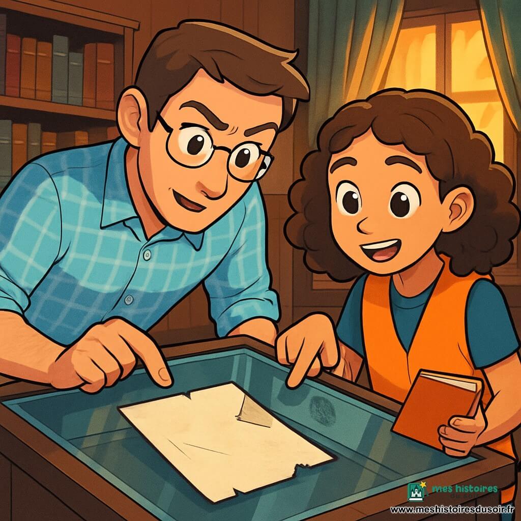Un homme, Adrien Lartaud, est penché sur une vitrine de bibliothèque, concentré et excité. Il porte une chemise à carreaux bleu clair, un pantalon beige et des lunettes. À côté de lui, une fille de douze ans, Zoé, aux cheveux bouclés et châtains, observe la vitrine, curieuse, en portant un gilet de bénévole orange et tenant un carnet. La scène se déroule dans une bibliothèque ancienne avec des murs en bois sombre et des étagères remplies de livres colorés, créant une atmosphère chaleureuse. Adrien examine une lettre précieuse sous verre, tandis que Zoé pointe une empreinte sur le verre, tous deux impliqués dans une enquête captivante.