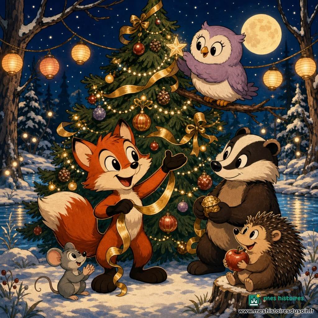Petit renard roux joyeux devant un grand sapin décoré, tenant un ruban doré; chouette lila perchée accrochant une étoile; petite souris grise applaudissant près des pattes du renard; blaireau brun tenant une noisette; hérisson souriant assis sur une souche avec une pomme; clairière enneigée, rivière gelée scintillante, lune brillante et ciel étoilé; petite fête du Nouvel An, cercle d'animaux, lumières chaudes, expressions joyeuses et partage de friandises.