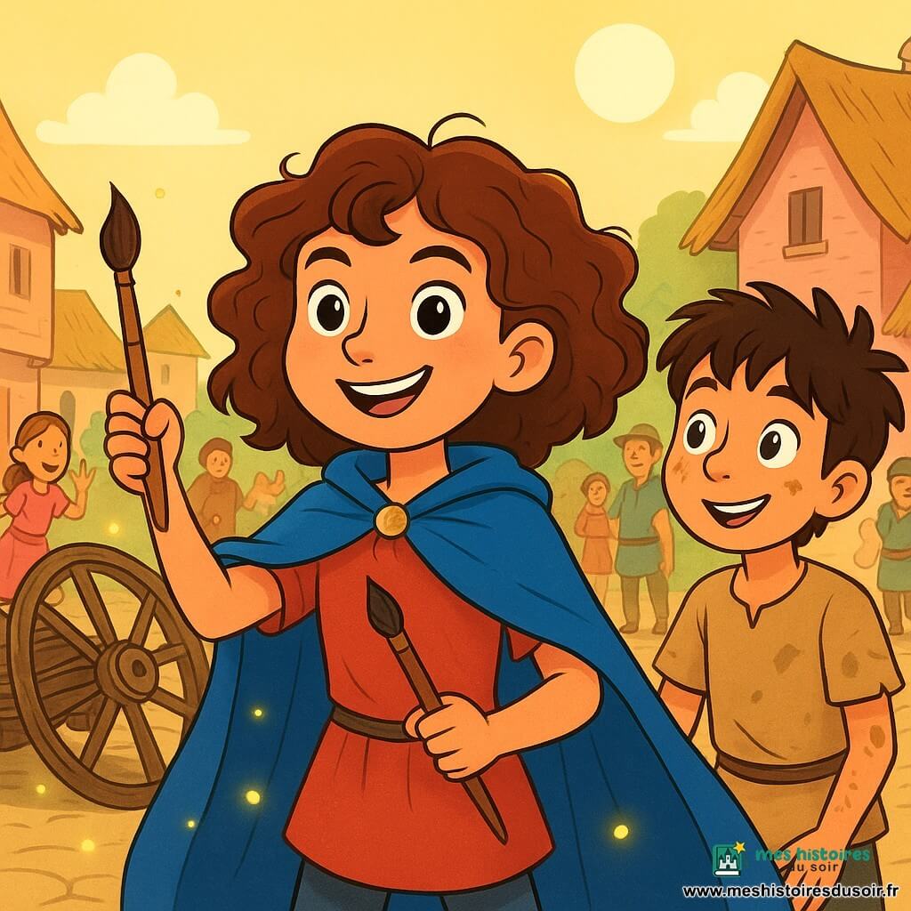 Au centre de l'image, Lysandre, une jeune fille aux cheveux châtains et bouclés, porte une cape bleue et affiche un sourire déterminé. Elle tient un pinceau et une baguette magique, prête à écrire des noms secrets. À côté, Milo, un garçon de dix ans aux cheveux en bataille, l'admire, vêtu d'une tunique simple. En arrière-plan, la place du village est animée avec des maisons en roseaux et des enfants jouant. La scène montre Lysandre et Milo devant la charrette brisée de Dame Pernelle, entourés de villageois, prêts à utiliser la magie pour la réparer, dans une atmosphère pleine d'espoir et d'aventure.
