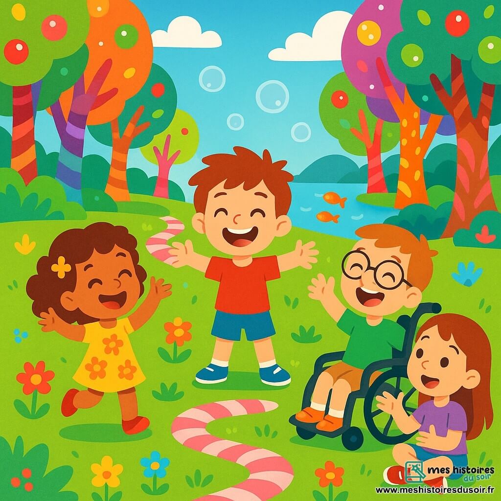 Quatre enfants s'amusent dans une forêt enchantée. Léo, 7 ans, est au centre, les bras ouverts, portant un t-shirt rouge et un short bleu. À gauche, Mia, 6 ans, avec des cheveux bouclés et une robe jaune à fleurs, saute d'excitation. À droite, Jules, 8 ans, dans un fauteuil roulant avec des lunettes et un t-shirt vert, rit en levant les bras. Zoé, 7 ans, assise sur l'herbe à côté de Jules, porte un t-shirt violet et un short en denim, et raconte une histoire. La forêt est colorée avec des arbres multicolores et un chemin de bonbons. Les enfants rient et comptent ensemble sur l'herbe, entourés de magie et de bulles de rire.